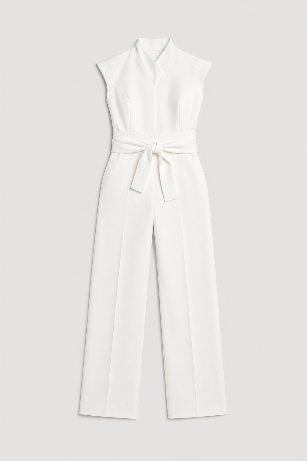 Sleeveless High-Collar Belted Jumpsuit in White, flat lay