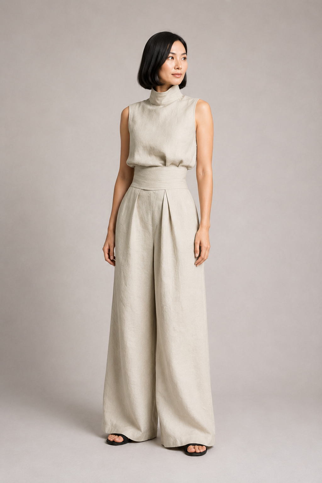 Sleeveless High-Neck Wide-Leg Set in Apricot, front three-quarter view