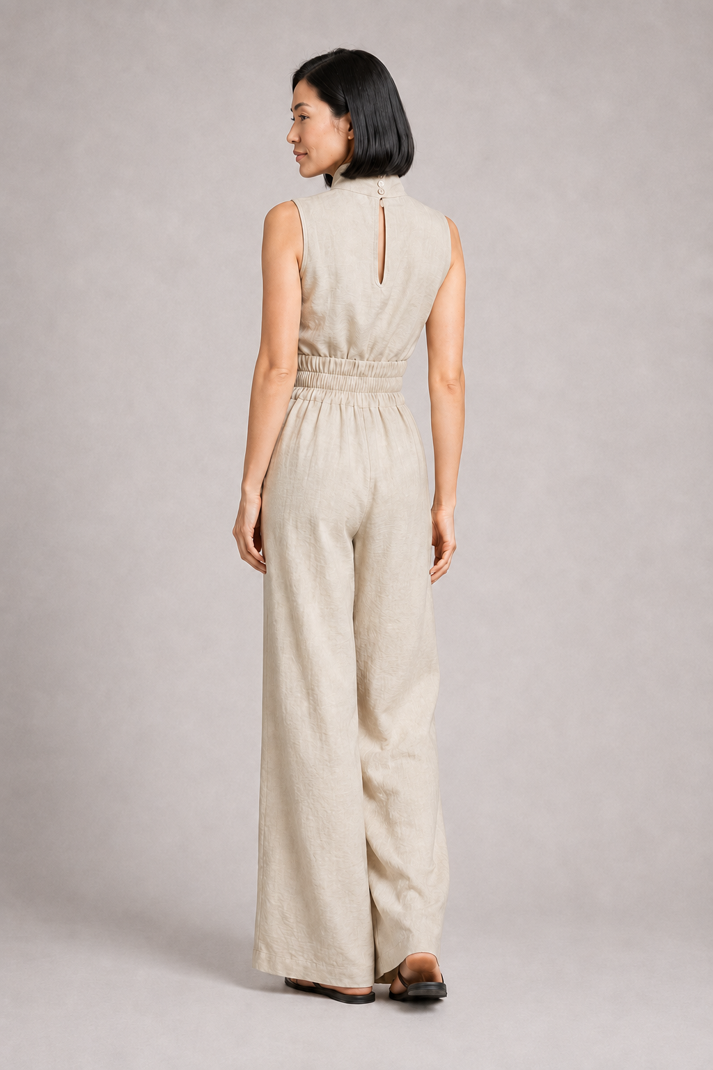 Sleeveless High-Neck Wide-Leg Set in Apricot, back view