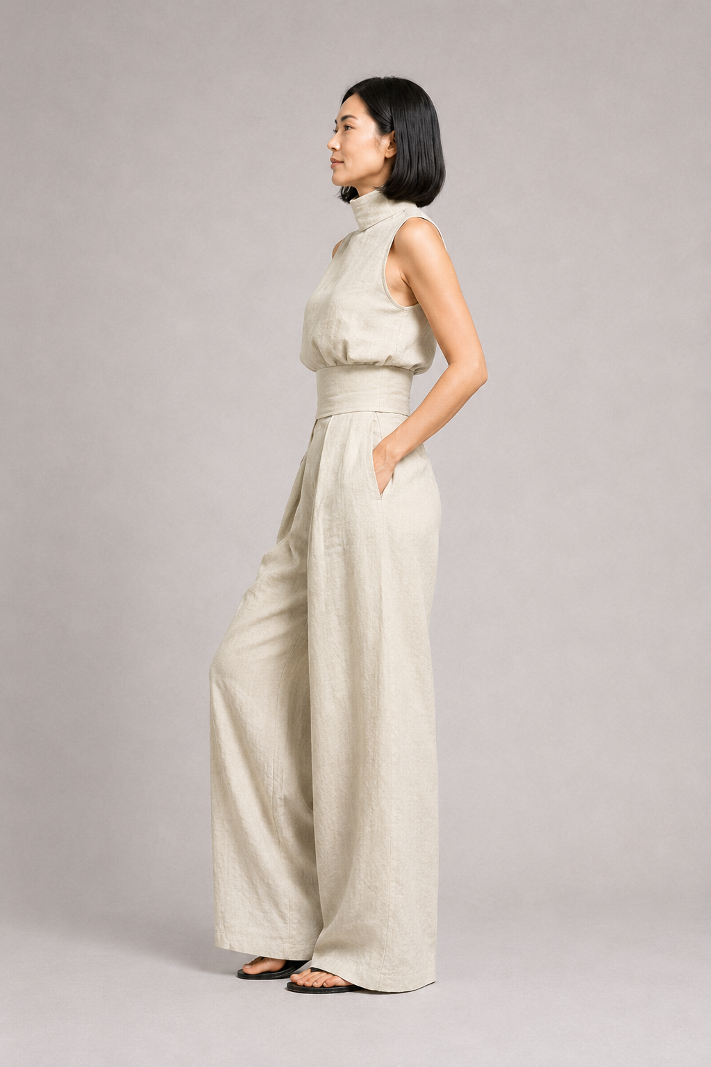 Sleeveless High-Neck Wide-Leg Set in Apricot, side view