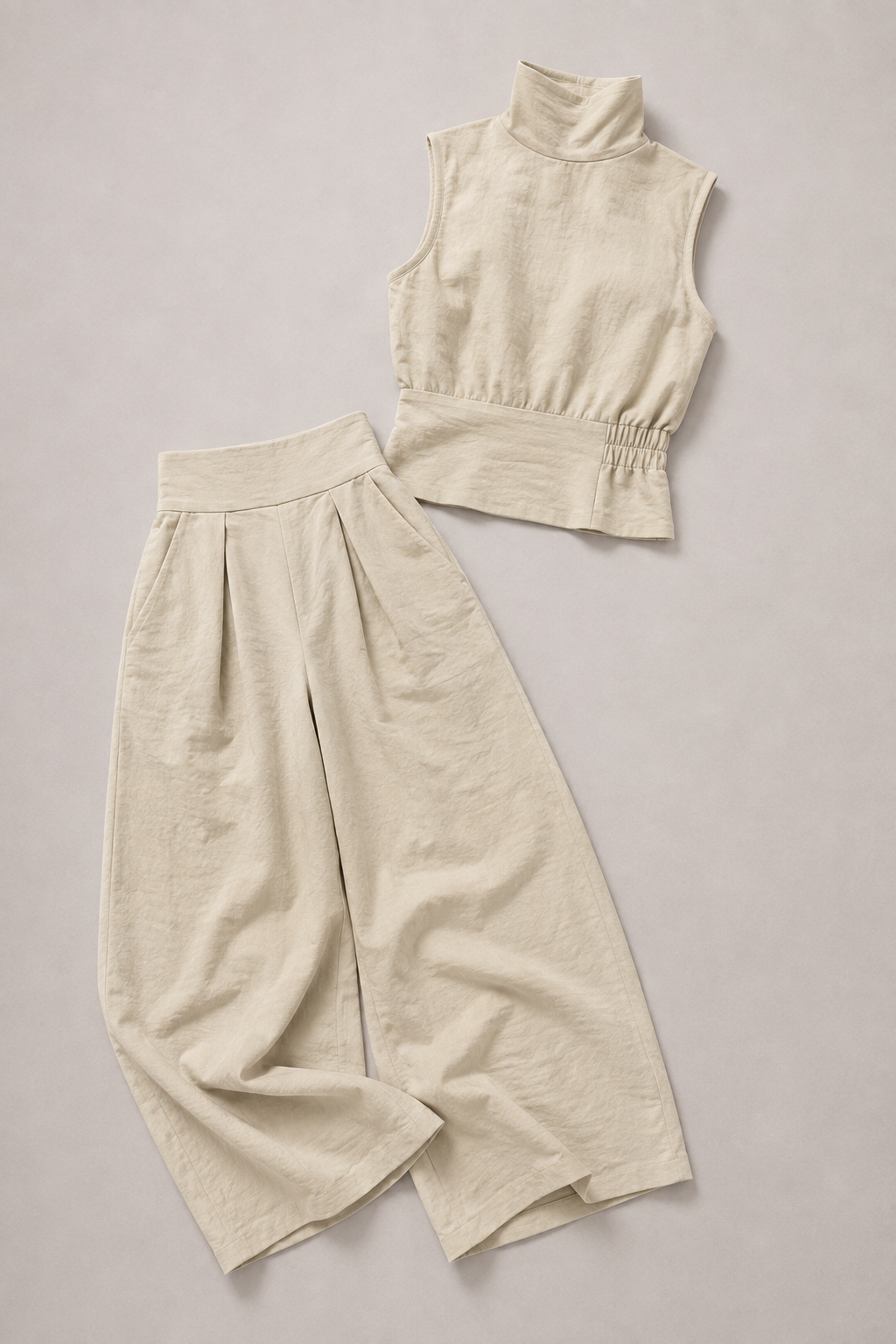 Sleeveless High-Neck Wide-Leg Set in Apricot, flat lay