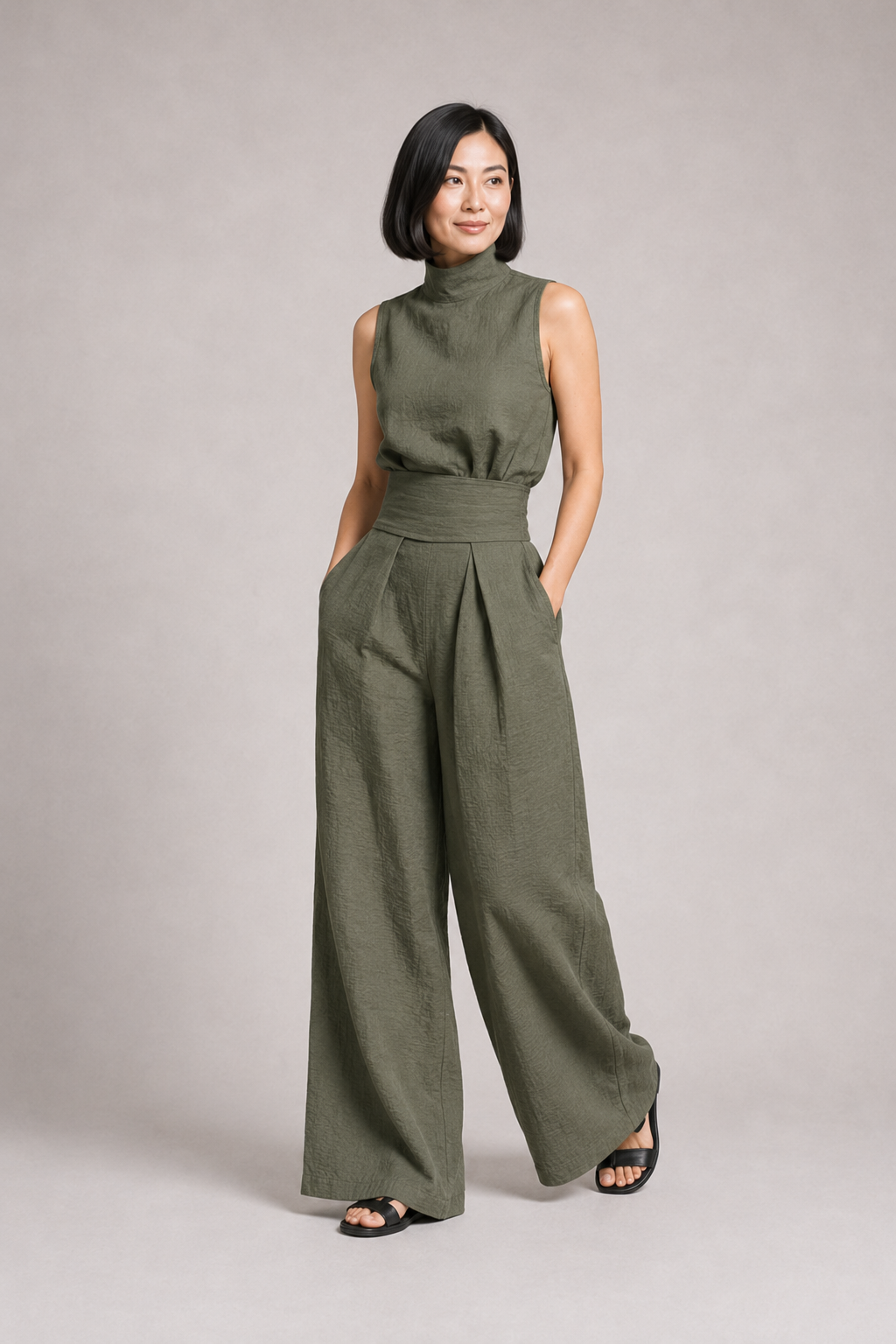 Sleeveless High-Neck Wide-Leg Set in Army Green, front three-quarter view