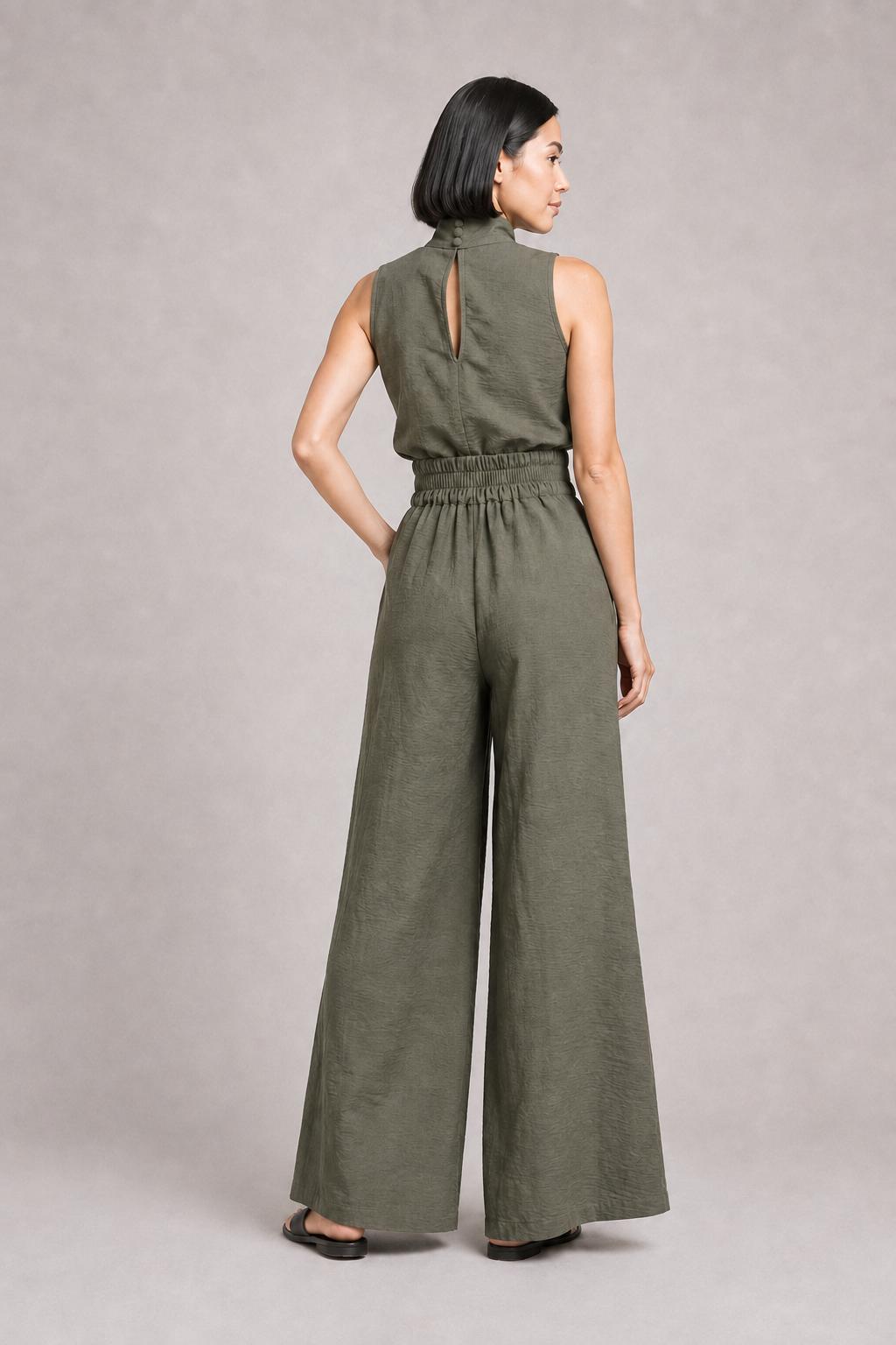 Sleeveless High-Neck Wide-Leg Set in Army Green, back view