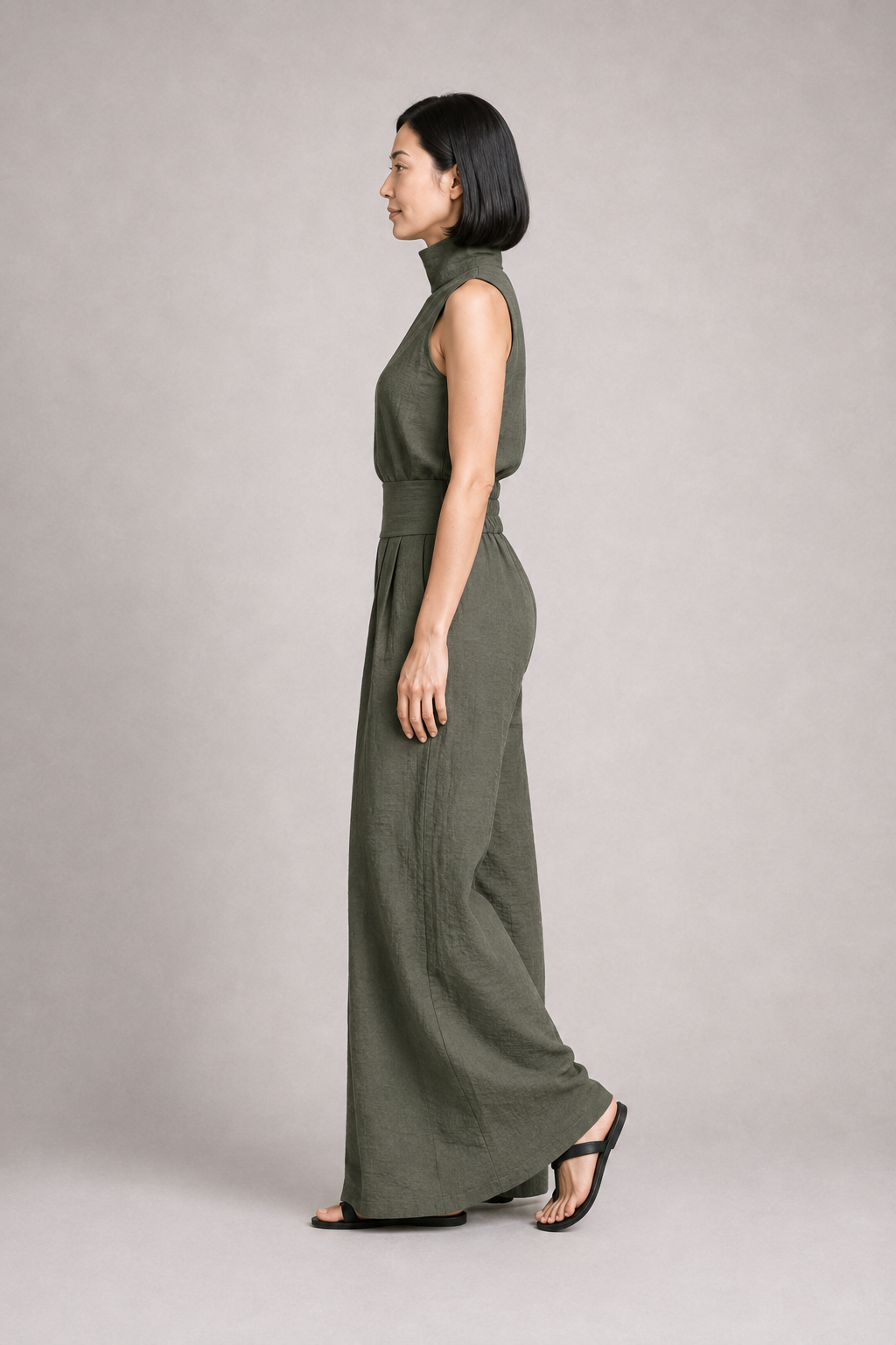 Sleeveless High-Neck Wide-Leg Set in Army Green, side view