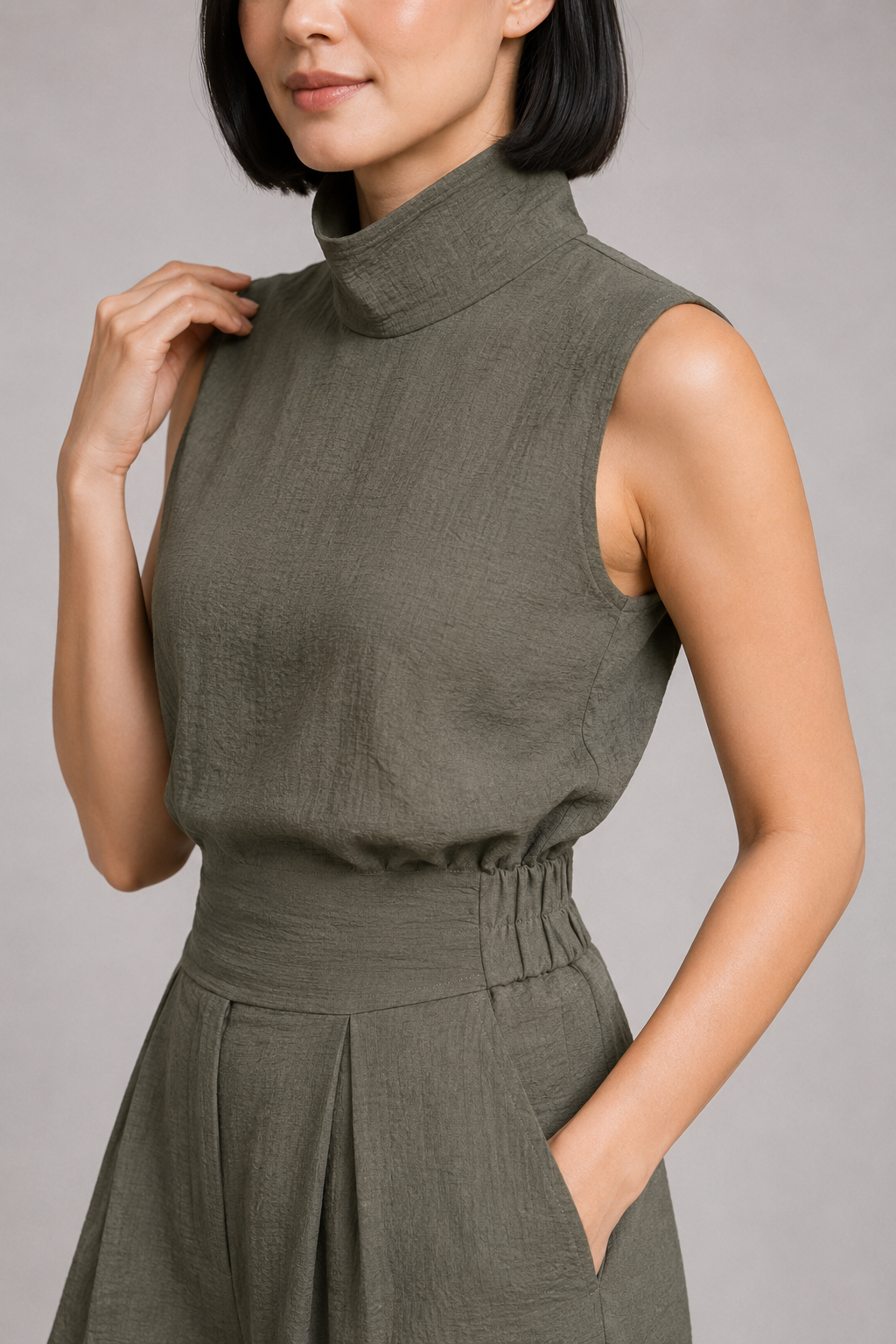 Sleeveless High-Neck Wide-Leg Set in Army Green, textured fabric detail