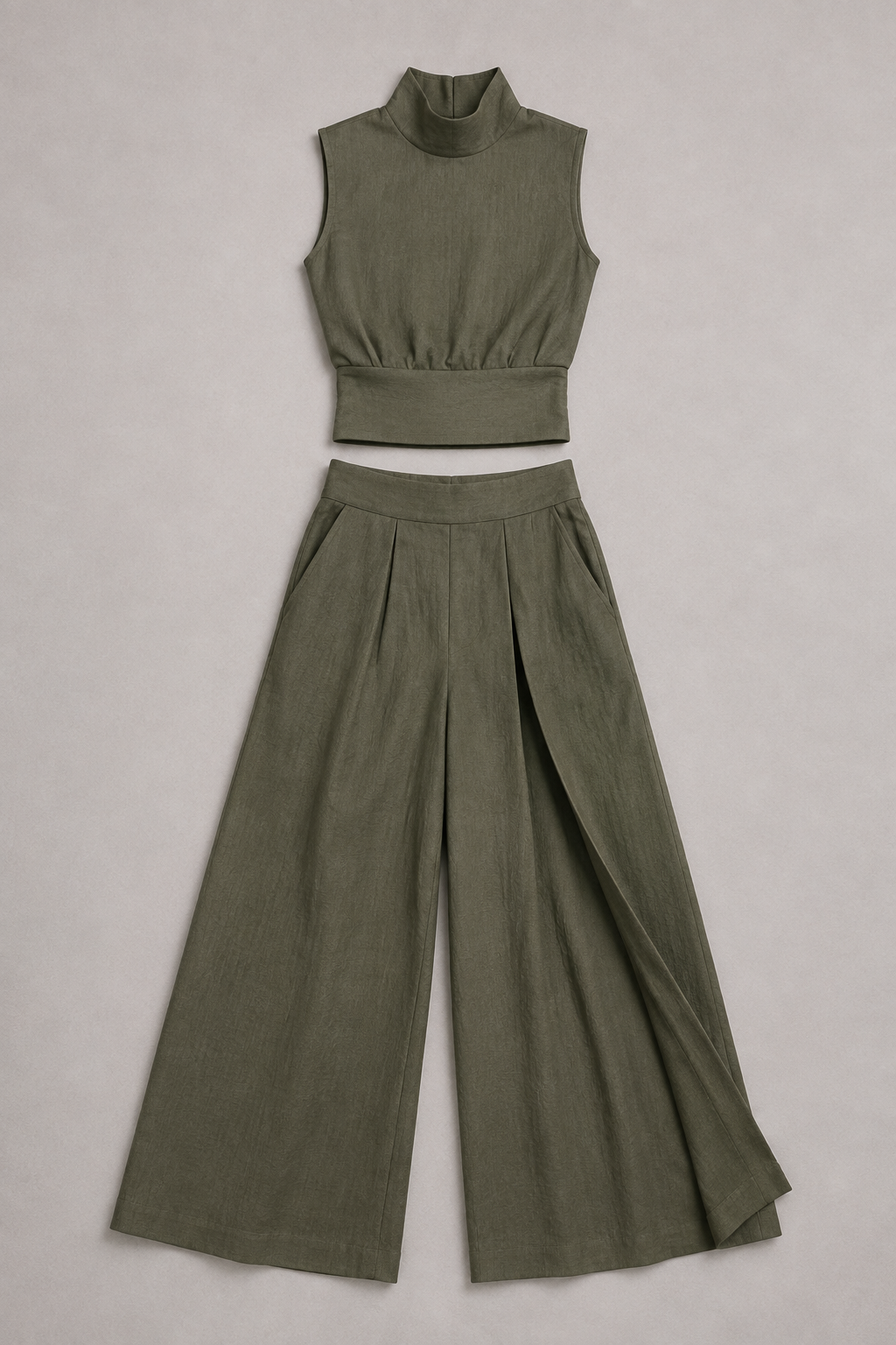 Sleeveless High-Neck Wide-Leg Set in Army Green, flat lay