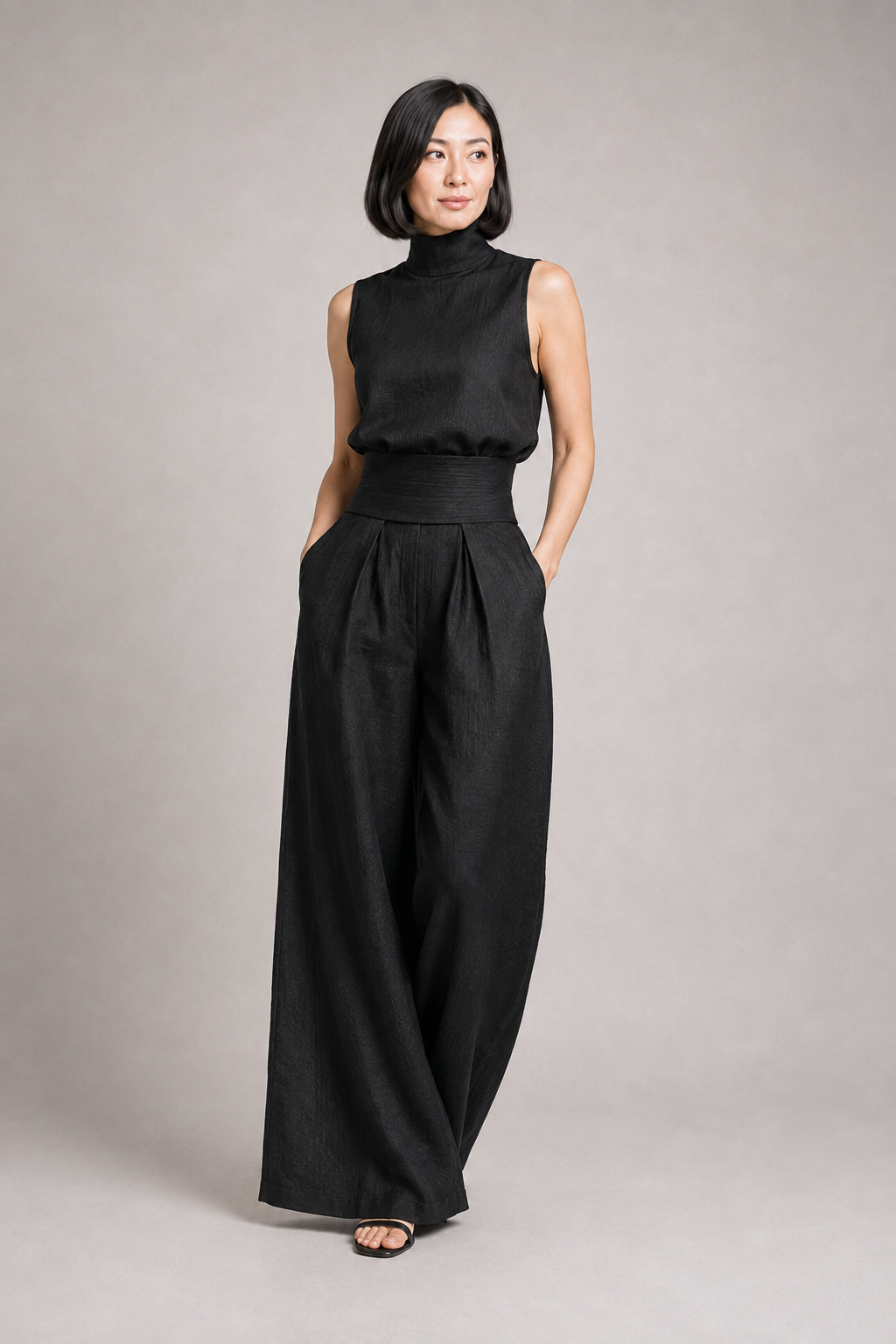 Sleeveless High-Neck Wide-Leg Set in Black, front three-quarter view