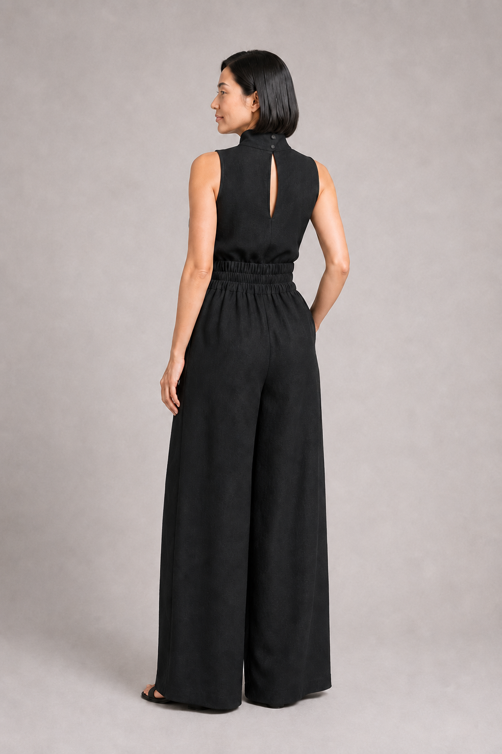 Sleeveless High-Neck Wide-Leg Set in Black, back view