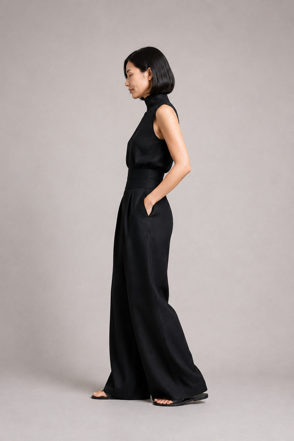 Sleeveless High-Neck Wide-Leg Set in Black, side view