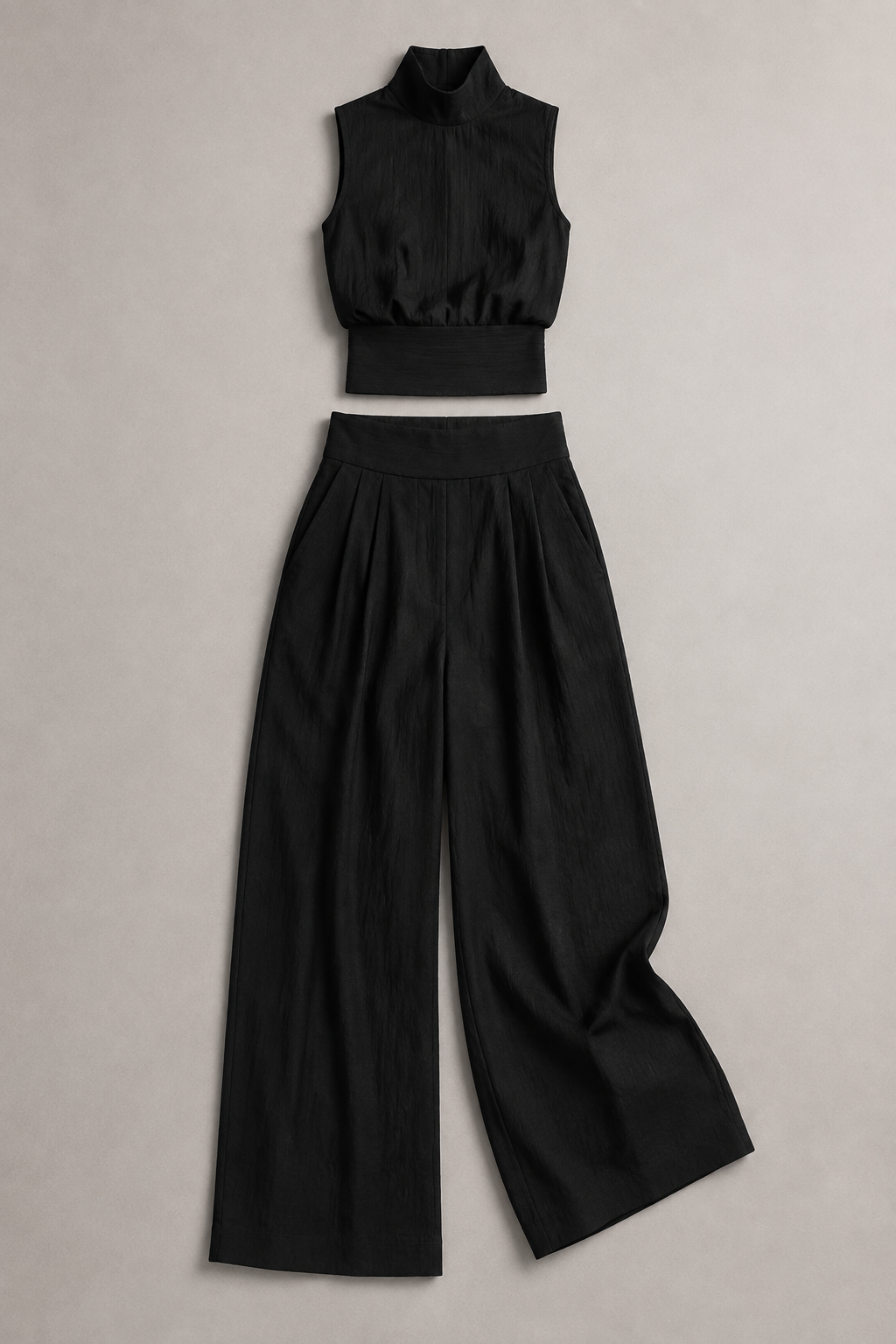 Sleeveless High-Neck Wide-Leg Set in Black, flat lay