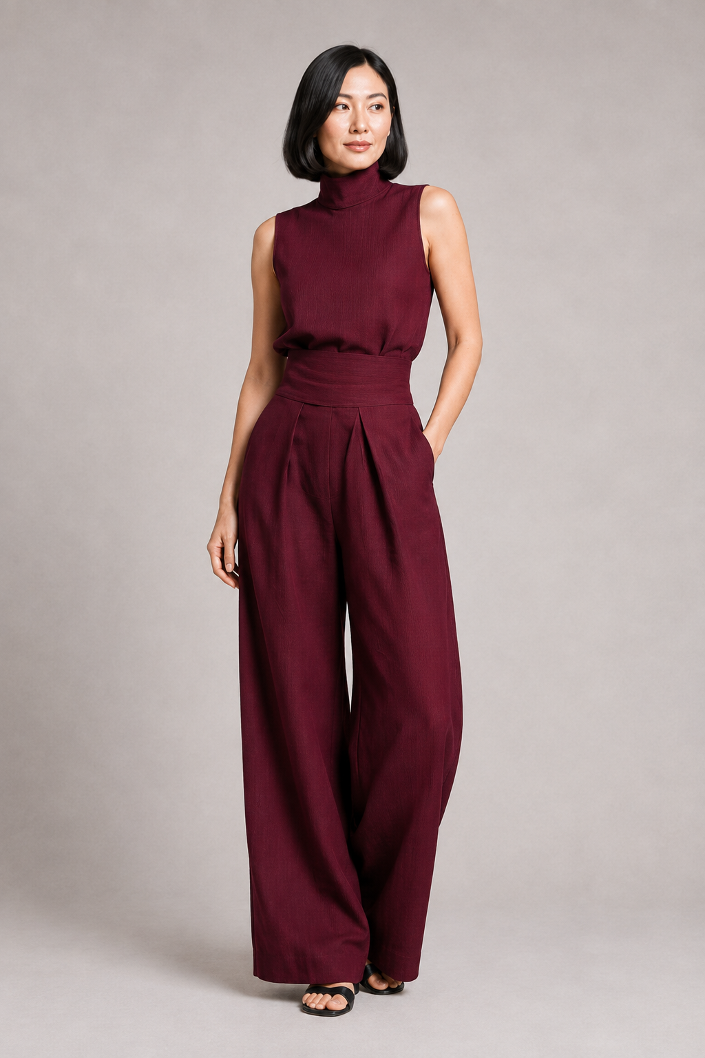 Sleeveless High-Neck Wide-Leg Set in Burgundy, front three-quarter view