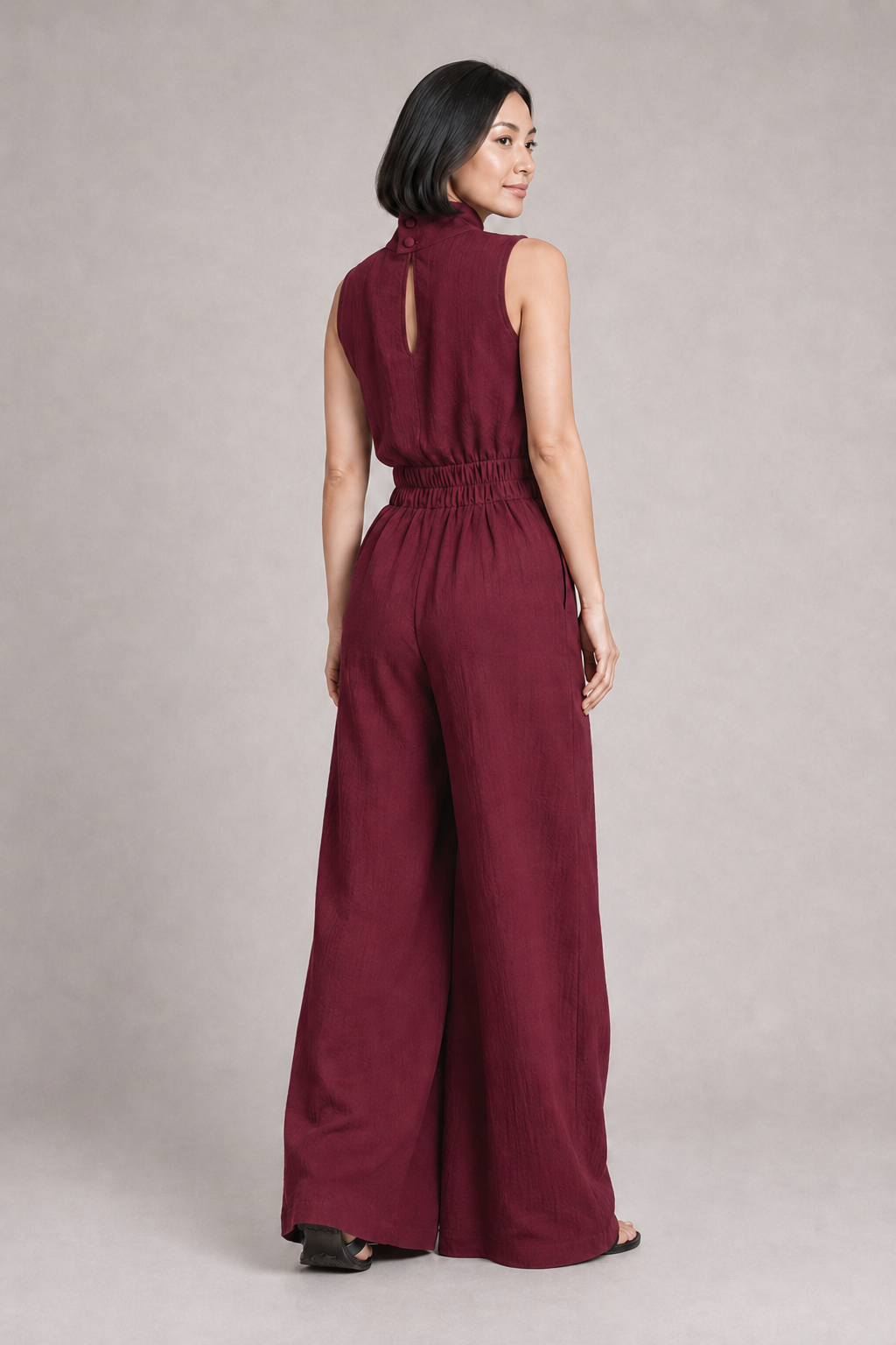 Sleeveless High-Neck Wide-Leg Set in Burgundy, back view