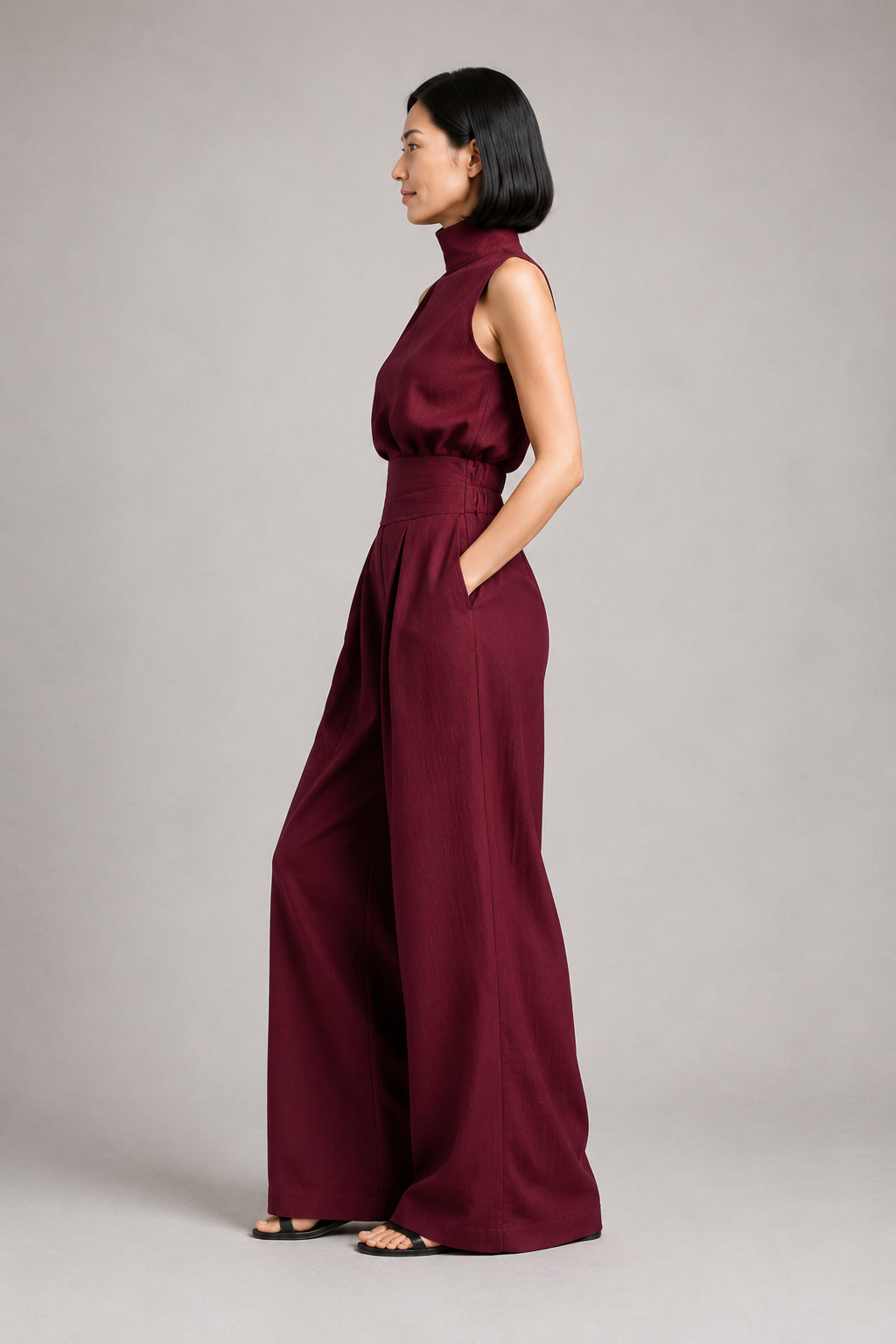 Sleeveless High-Neck Wide-Leg Set in Burgundy, side view