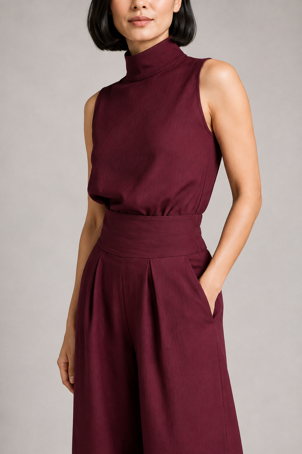Sleeveless High-Neck Wide-Leg Set in Burgundy, waistband construction detail