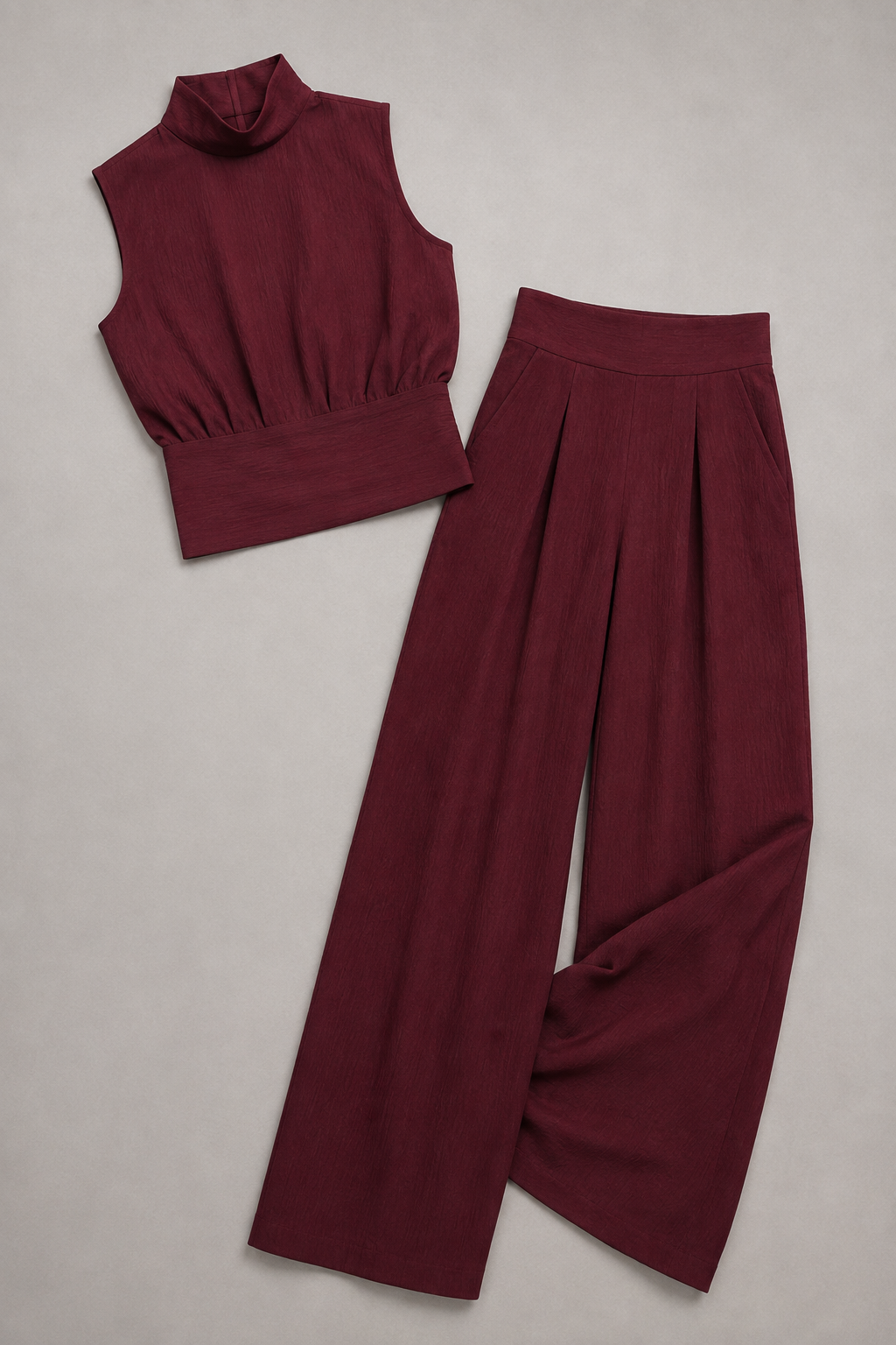 Sleeveless High-Neck Wide-Leg Set in Burgundy, flat lay