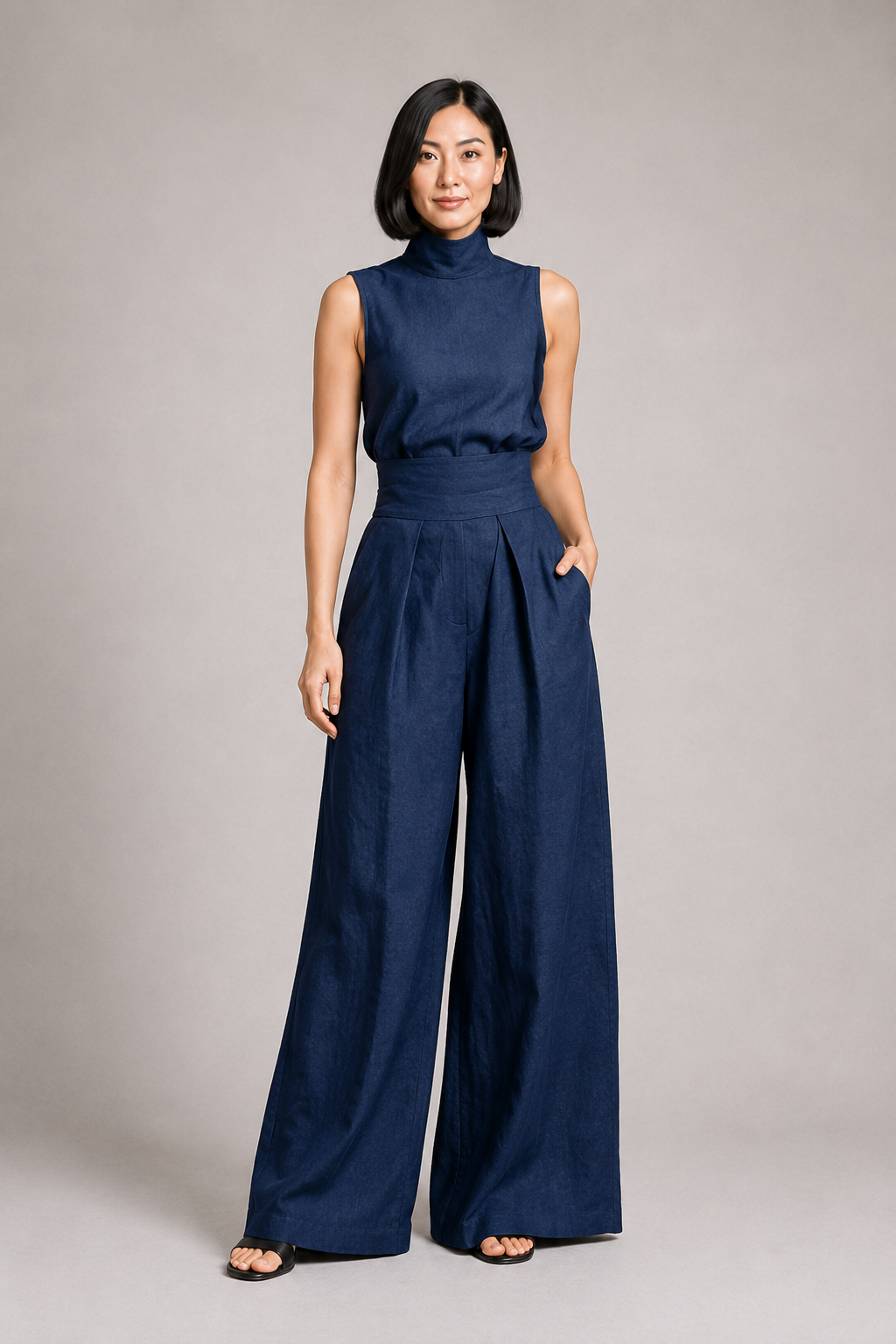 Sleeveless High-Neck Wide-Leg Set in Dark Blue, front three-quarter view