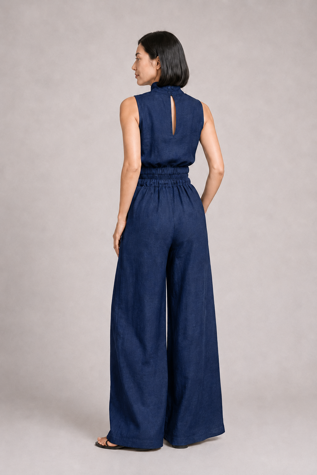 Sleeveless High-Neck Wide-Leg Set in Dark Blue, back view