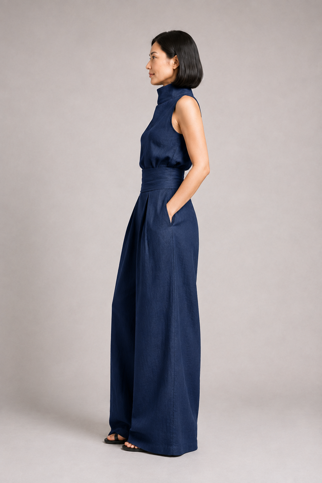 Sleeveless High-Neck Wide-Leg Set in Dark Blue, side view