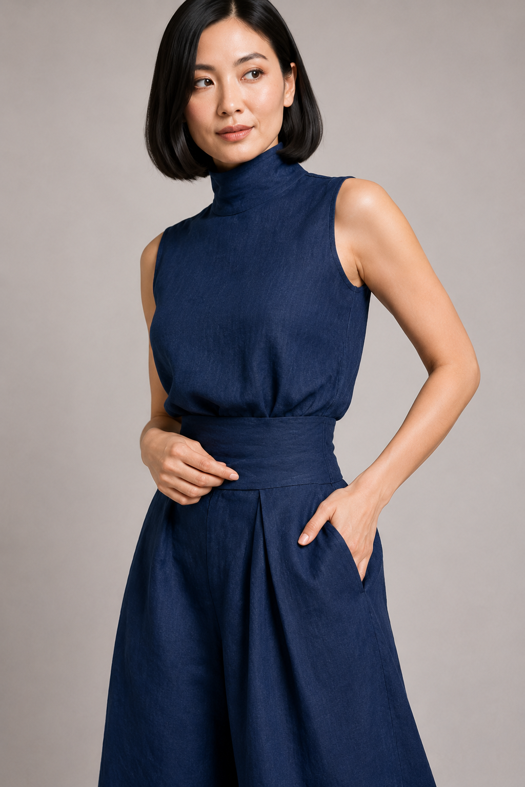 Sleeveless High-Neck Wide-Leg Set in Dark Blue, waistband construction detail