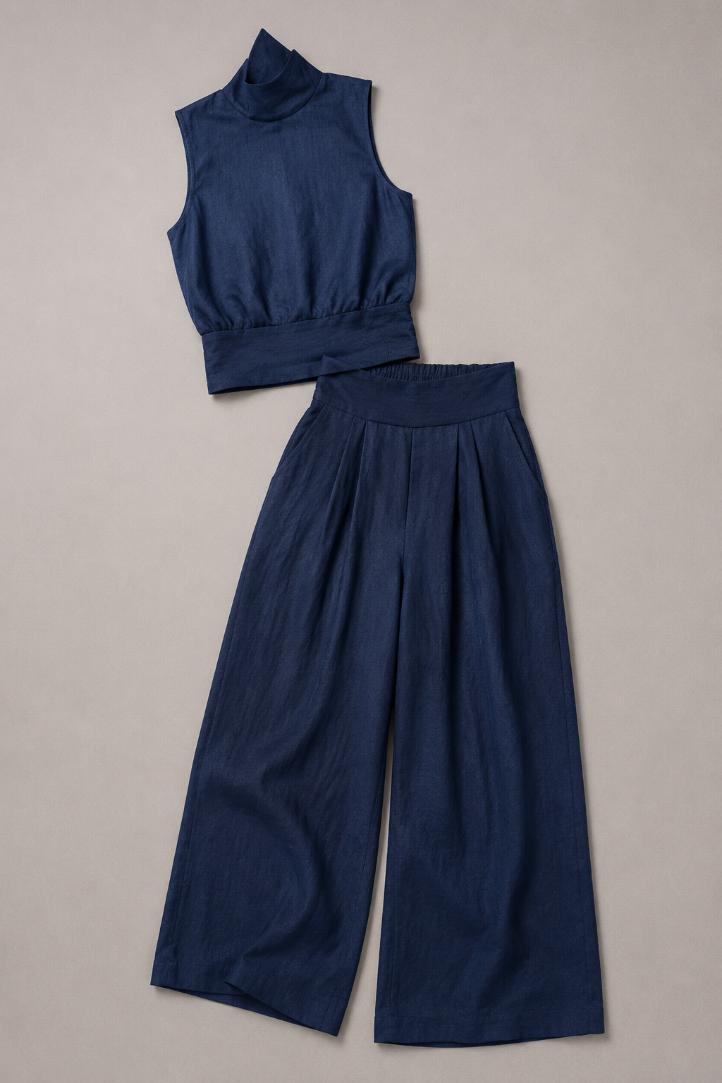 Sleeveless High-Neck Wide-Leg Set in Dark Blue, flat lay