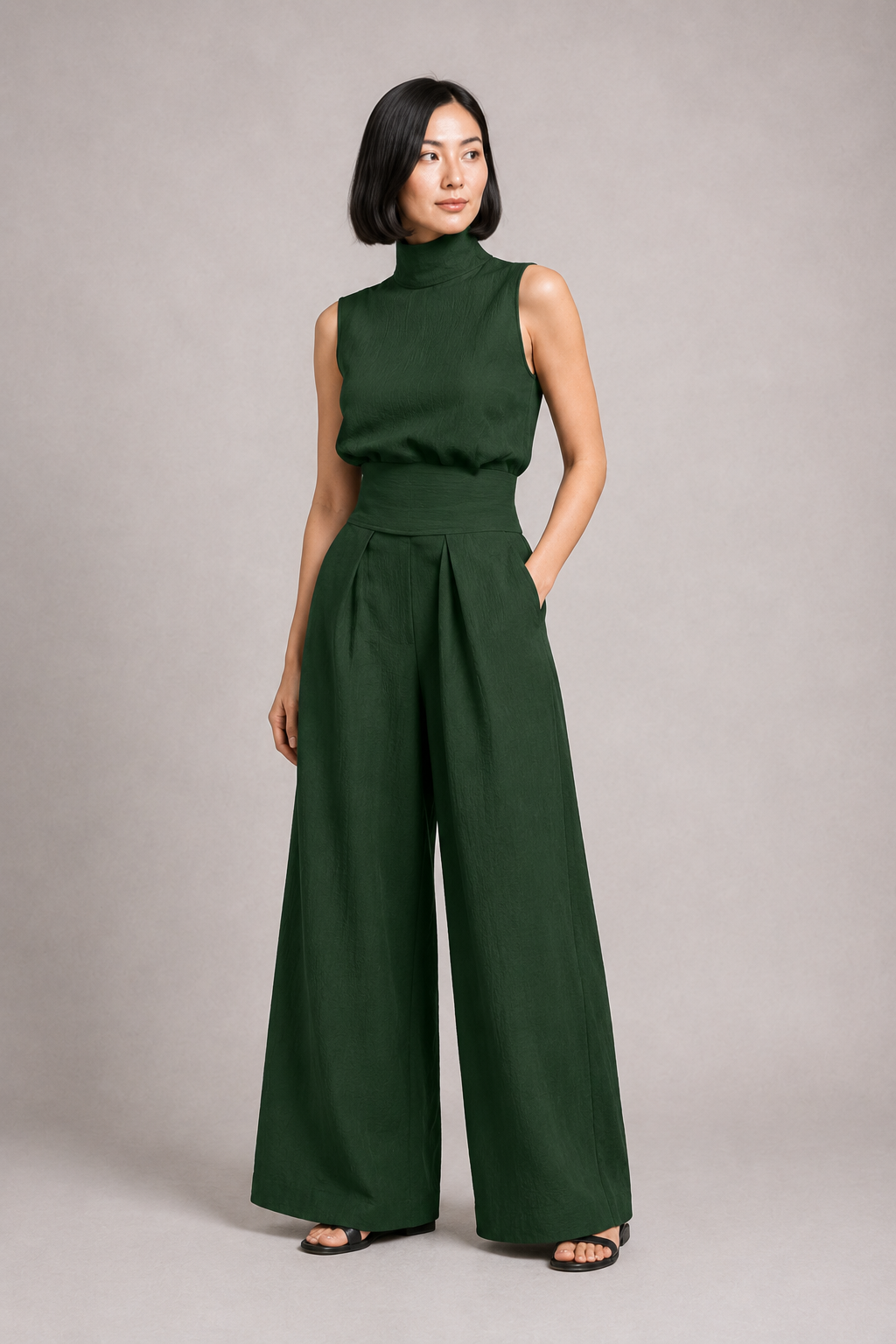Sleeveless High-Neck Wide-Leg Set in Dark Green, front three-quarter view