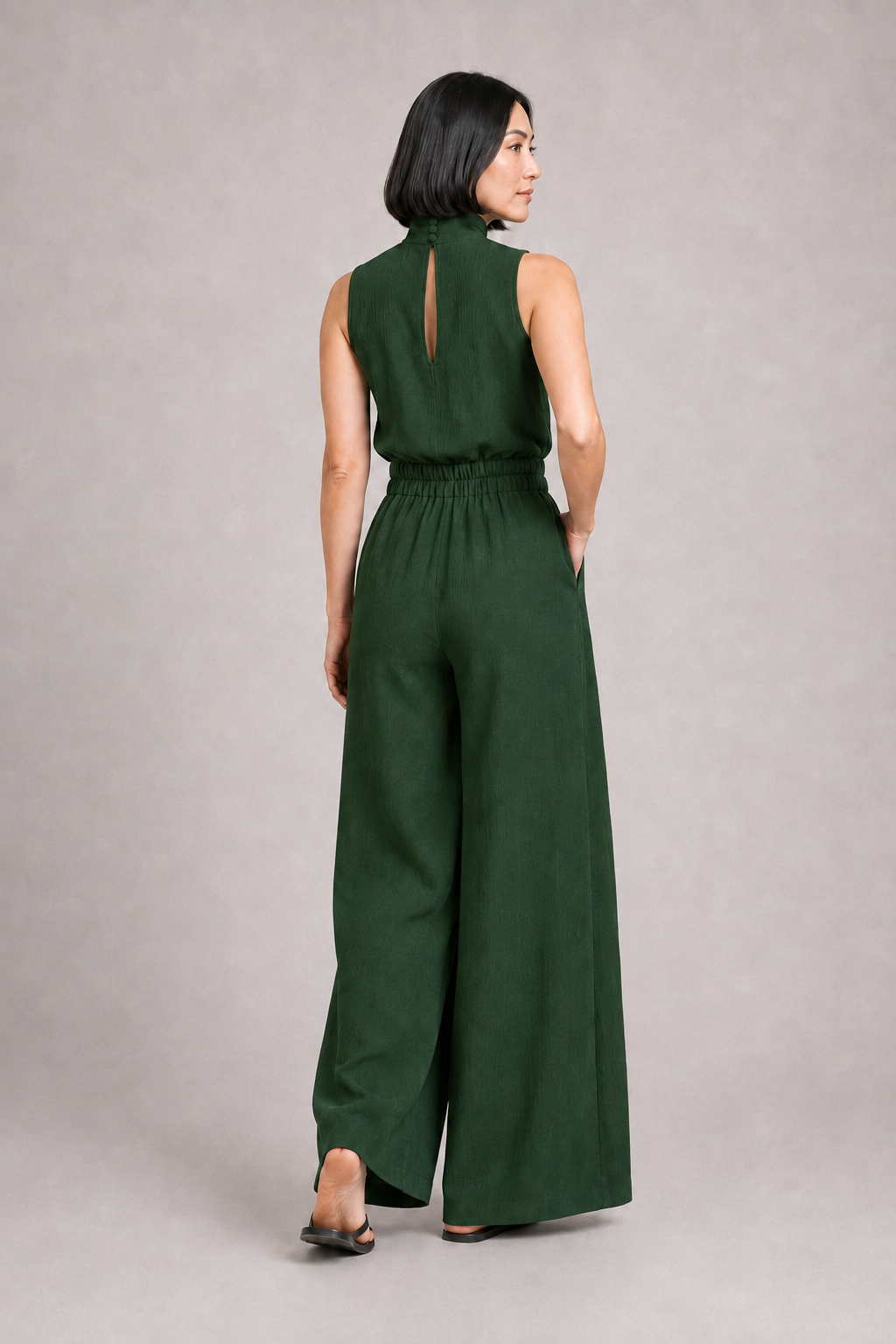Sleeveless High-Neck Wide-Leg Set in Dark Green, back view