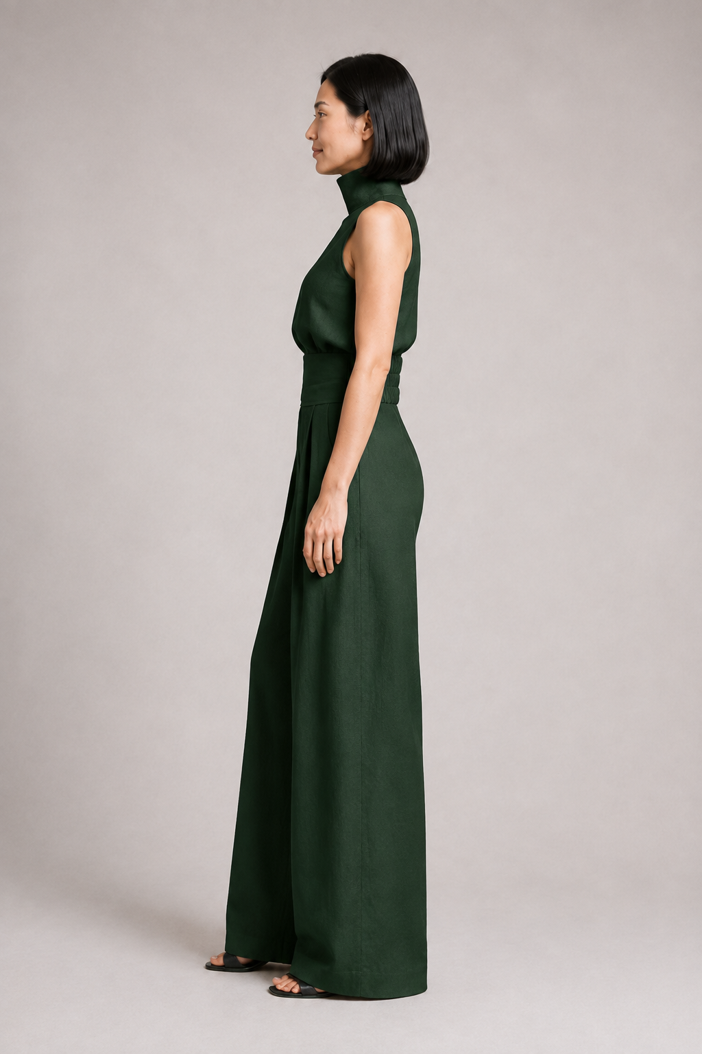 Sleeveless High-Neck Wide-Leg Set in Dark Green, side view