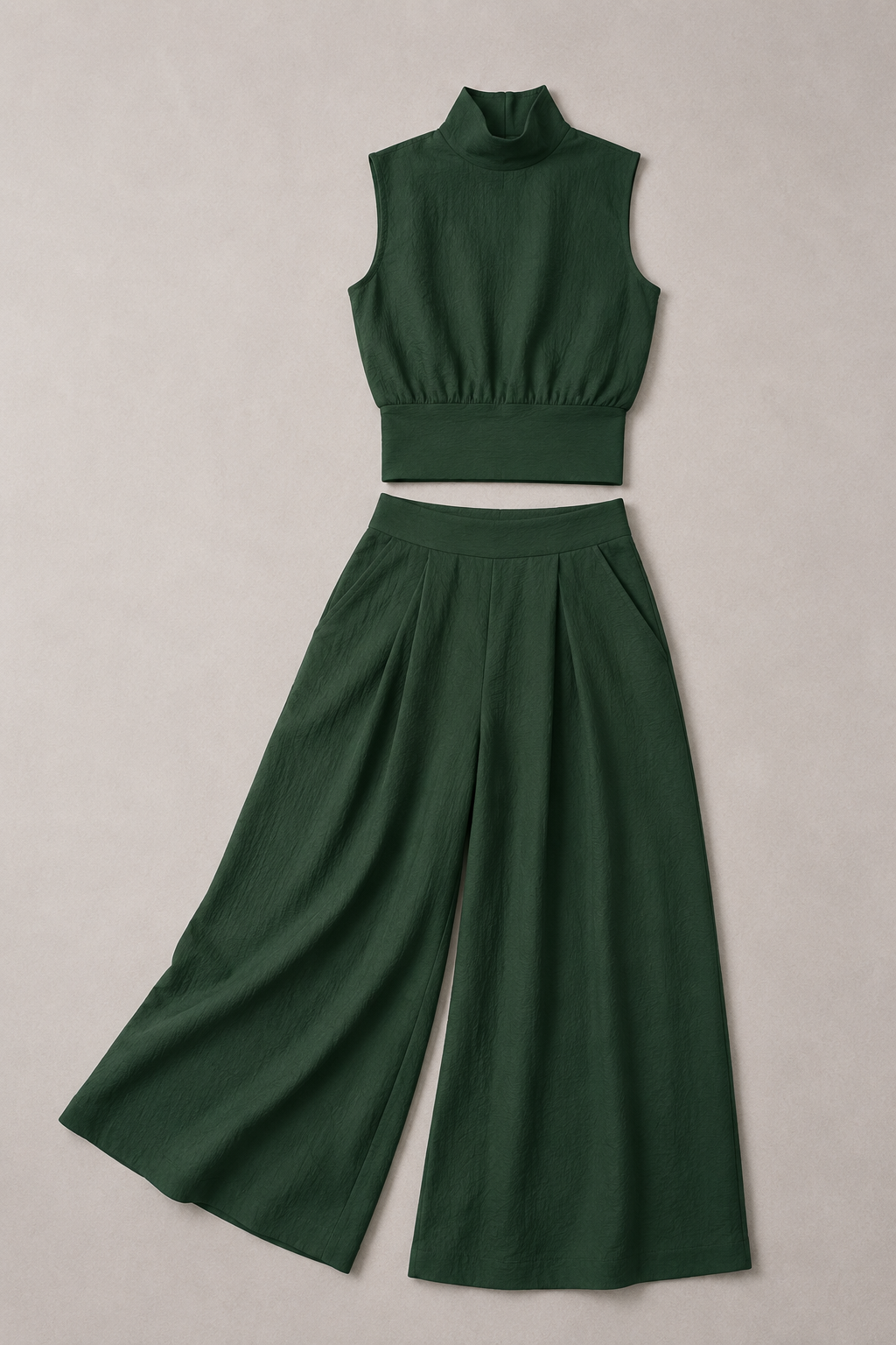 Sleeveless High-Neck Wide-Leg Set in Dark Green, flat lay