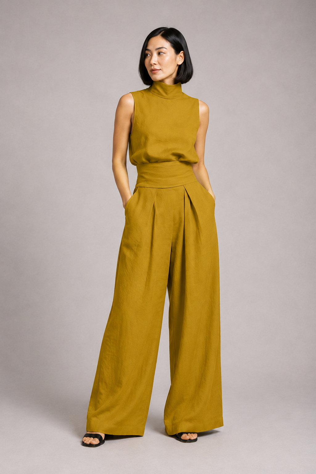 Sleeveless High-Neck Wide-Leg Set in Earth Yellow, front three-quarter view
