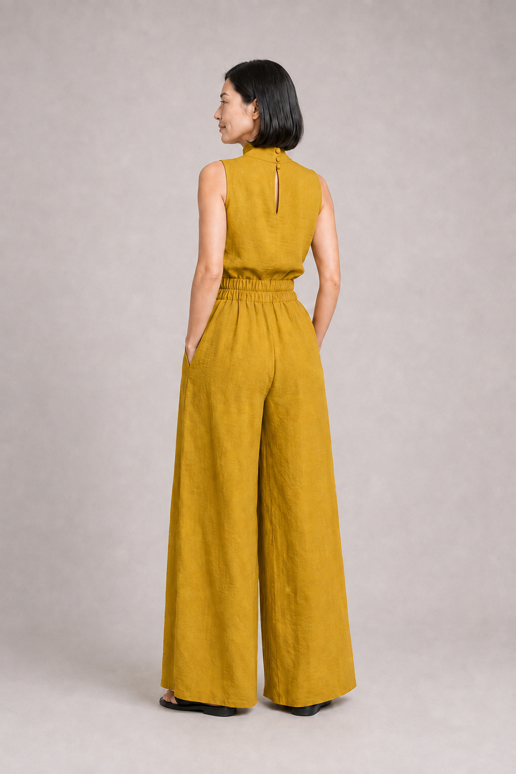 Sleeveless High-Neck Wide-Leg Set in Earth Yellow, back view