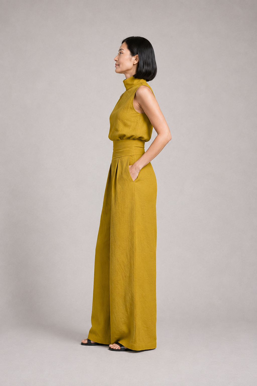 Sleeveless High-Neck Wide-Leg Set in Earth Yellow, side view