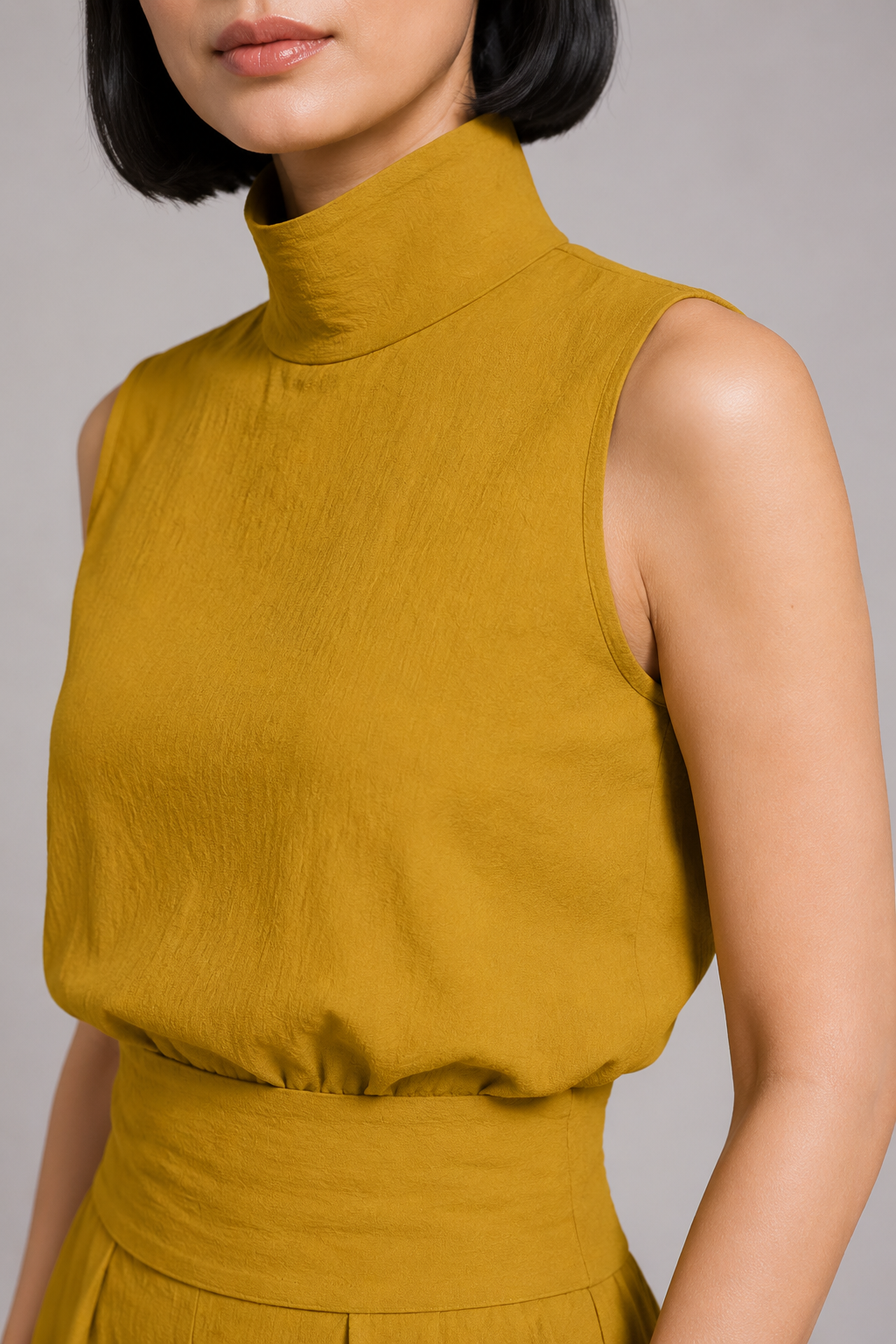 Sleeveless High-Neck Wide-Leg Set in Earth Yellow, textured fabric detail