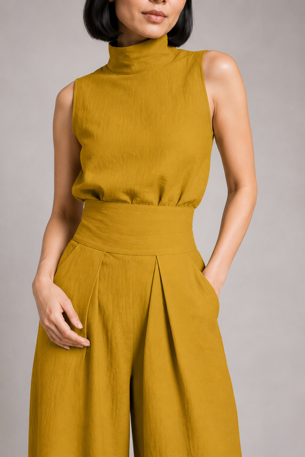 Sleeveless High-Neck Wide-Leg Set in Earth Yellow, waistband construction detail