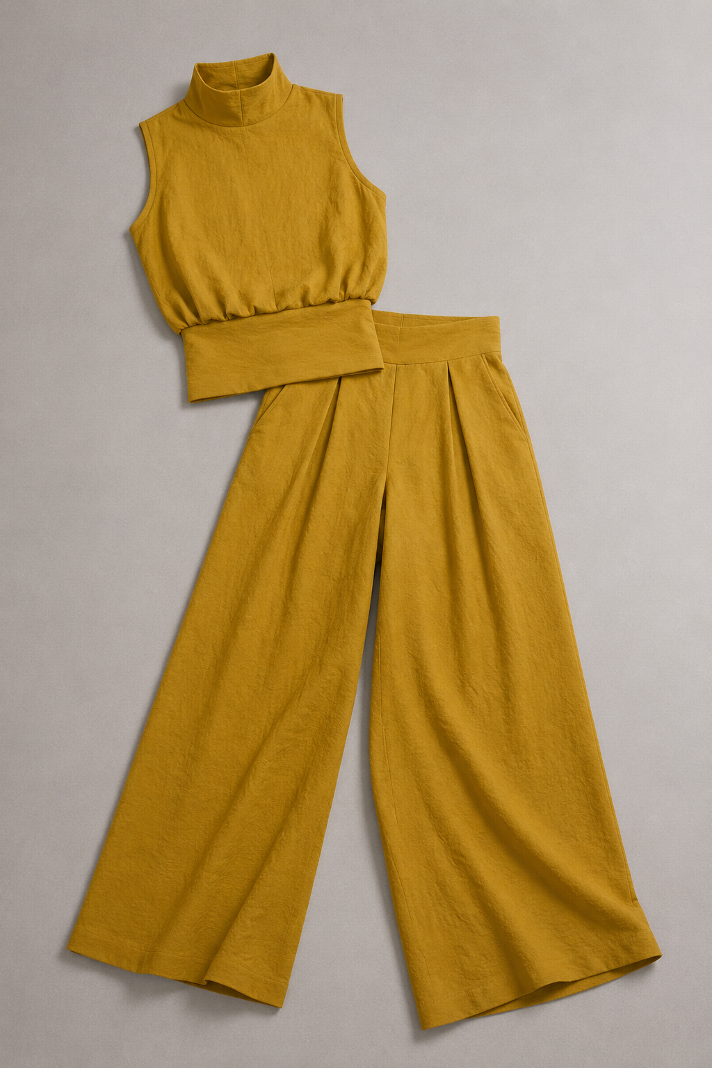 Sleeveless High-Neck Wide-Leg Set in Earth Yellow, flat lay