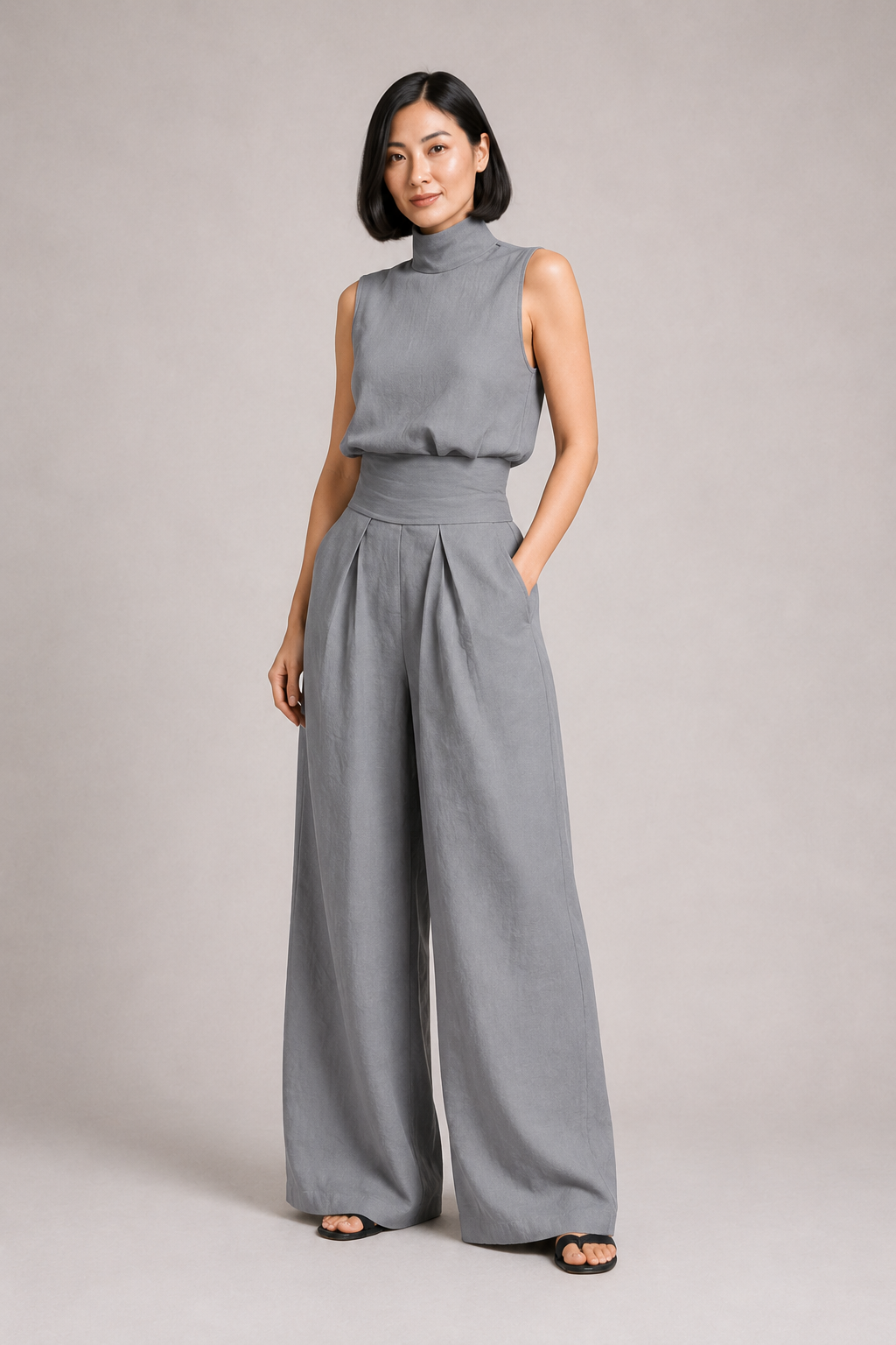 Sleeveless High-Neck Wide-Leg Set in Gray, front three-quarter view