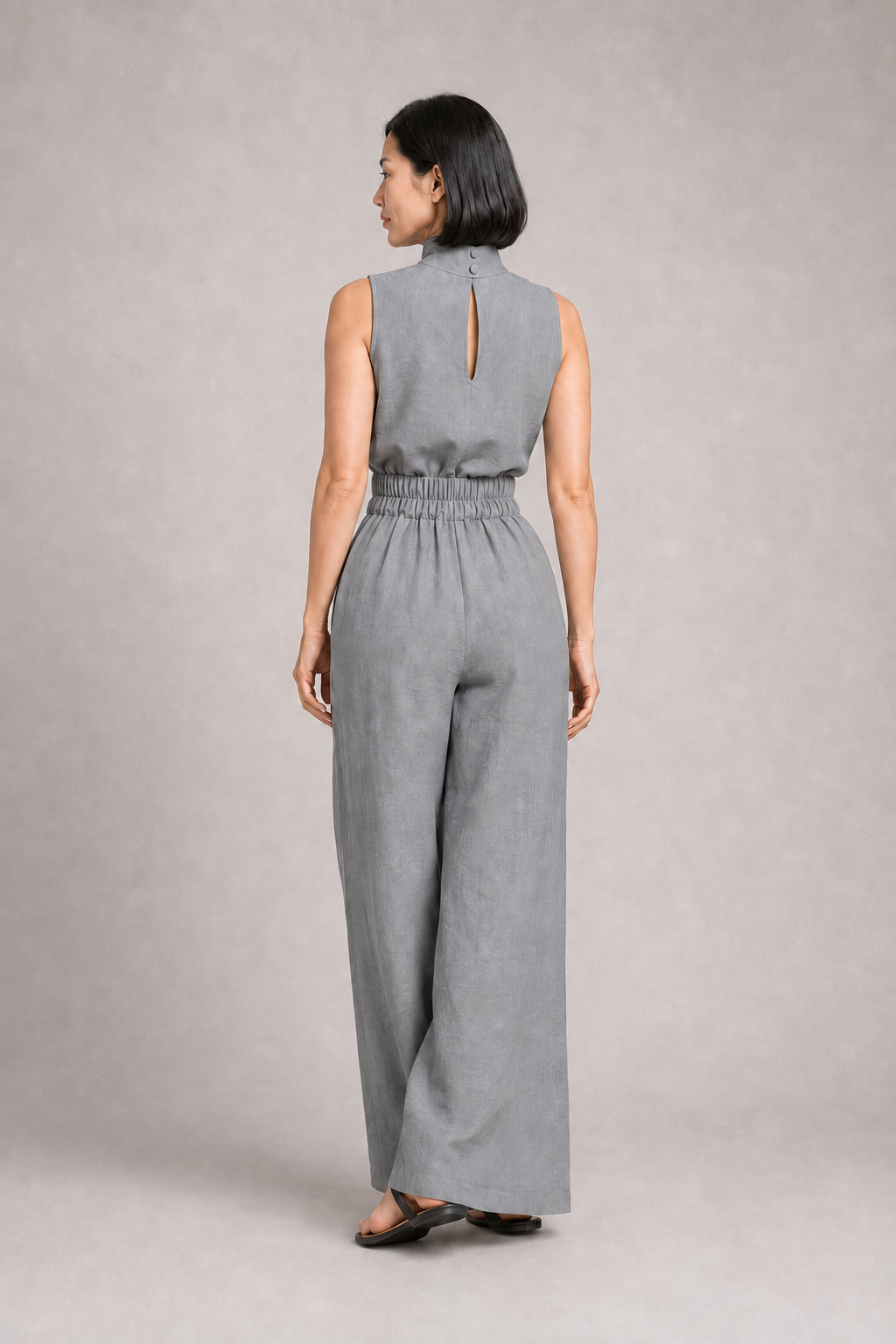 Sleeveless High-Neck Wide-Leg Set in Gray, back view