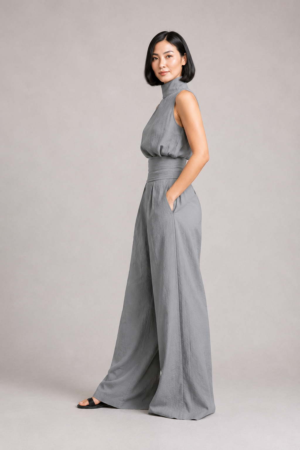 Sleeveless High-Neck Wide-Leg Set in Gray, side view