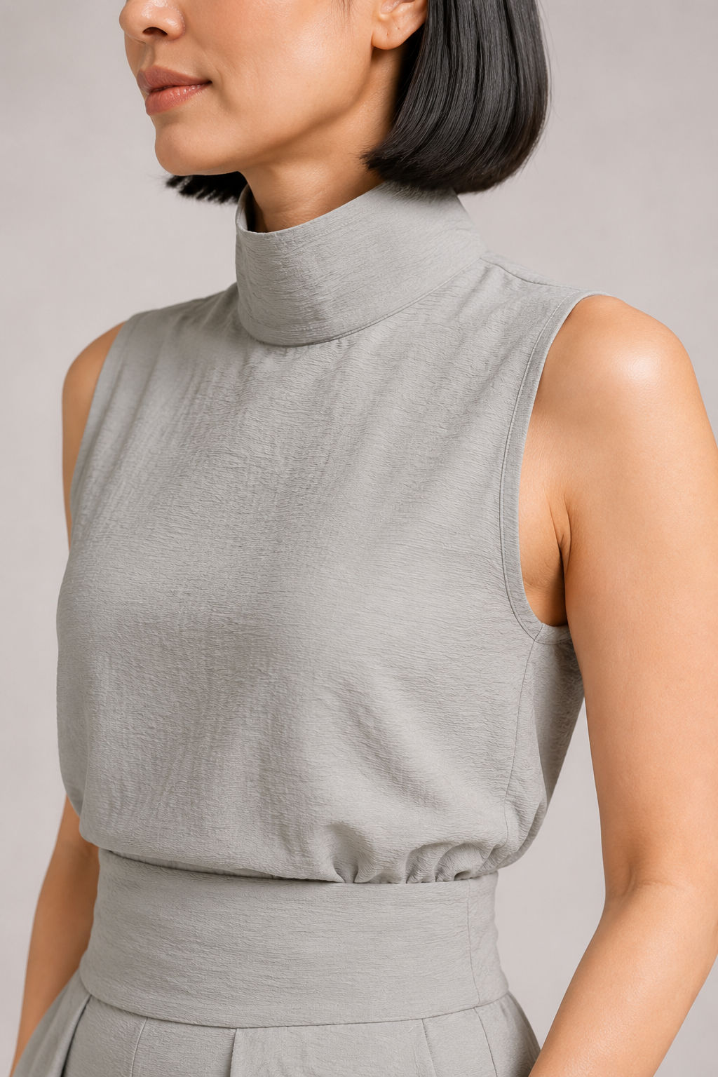 Sleeveless High-Neck Wide-Leg Set in Gray, textured fabric detail