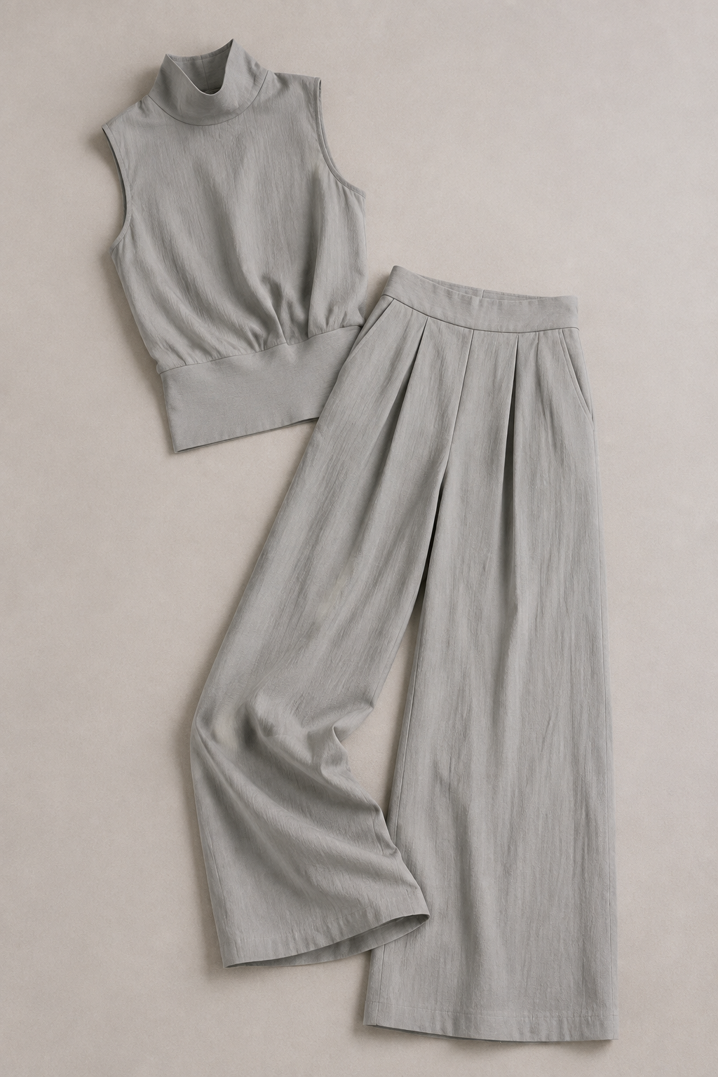 Sleeveless High-Neck Wide-Leg Set in Gray, flat lay