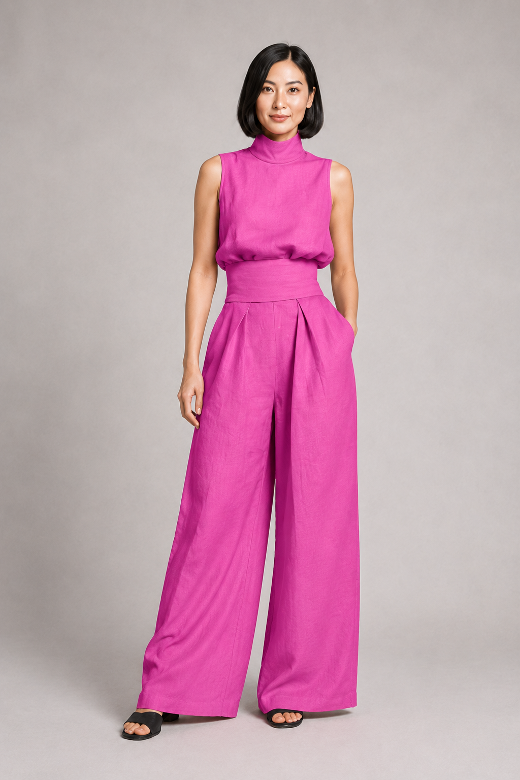 Sleeveless High-Neck Wide-Leg Set in Magenta-Red, front three-quarter view