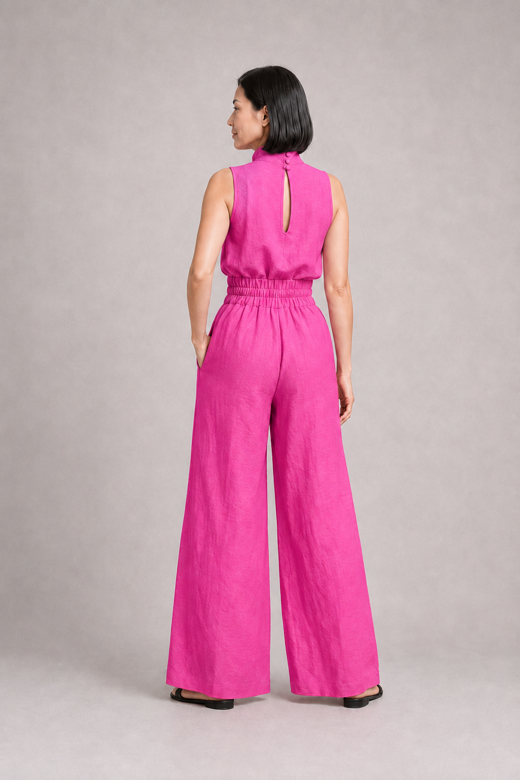 Sleeveless High-Neck Wide-Leg Set in Magenta-Red, back view