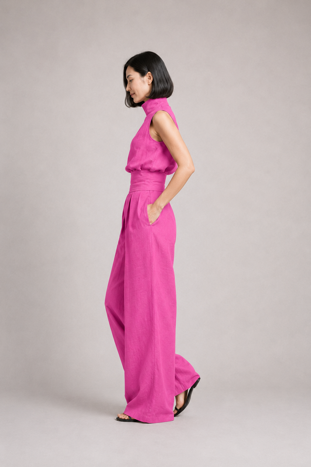 Sleeveless High-Neck Wide-Leg Set in Magenta-Red, side view