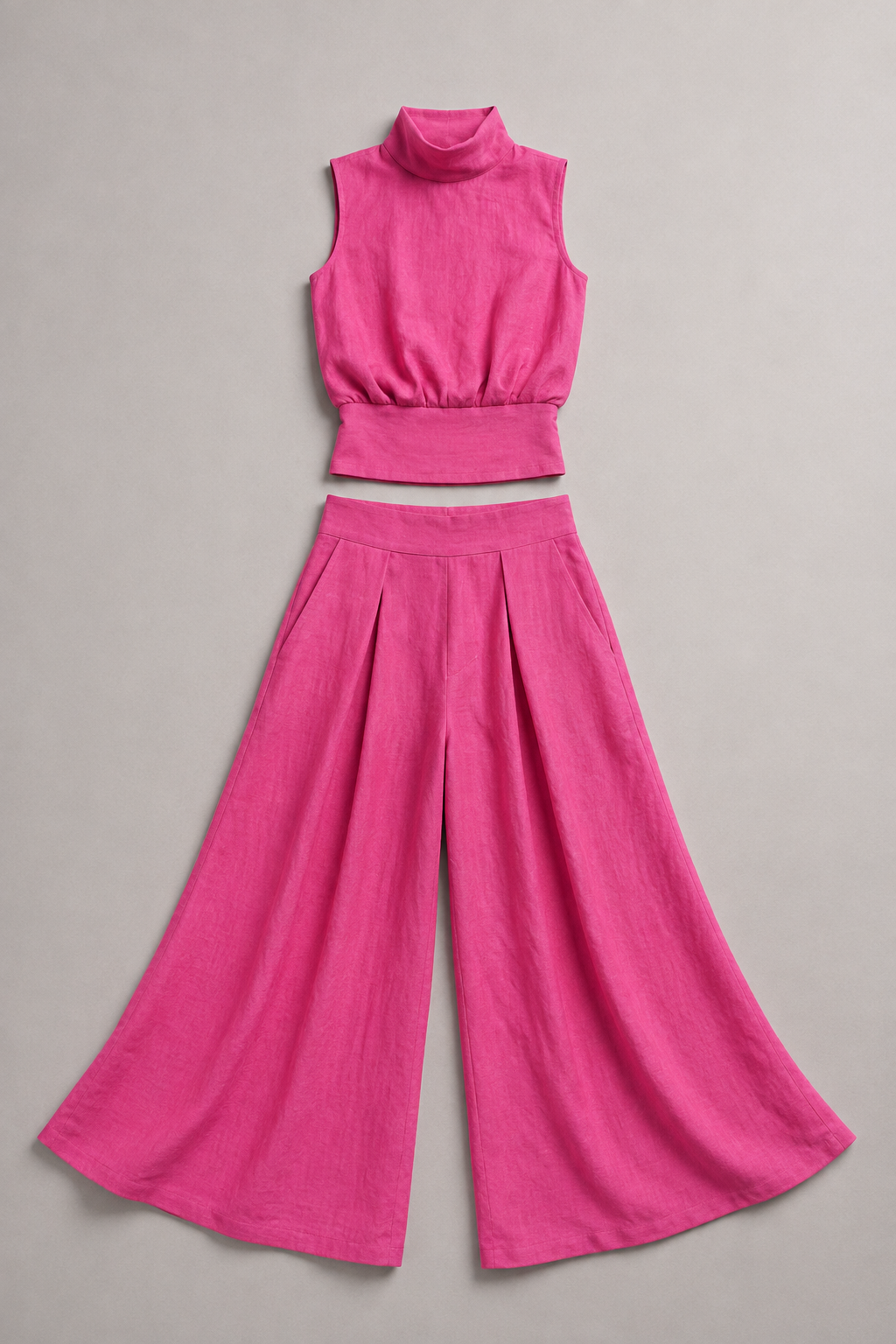 Sleeveless High-Neck Wide-Leg Set in Magenta-Red, flat lay