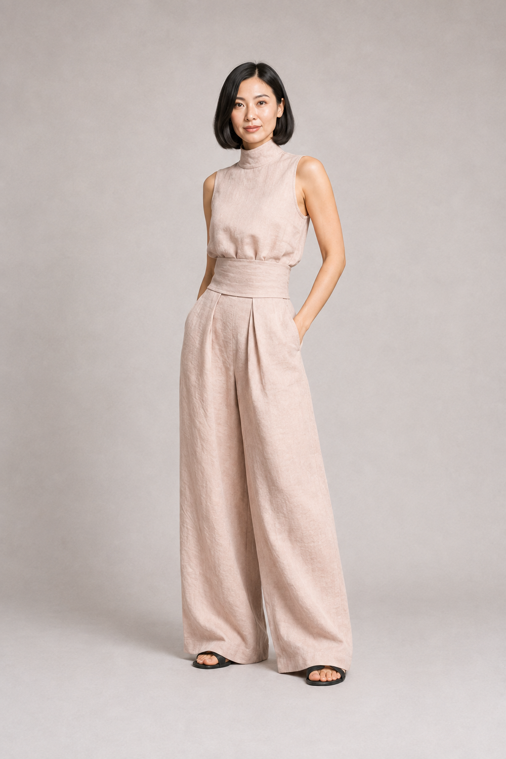 Sleeveless High-Neck Wide-Leg Set in Pink, front three-quarter view
