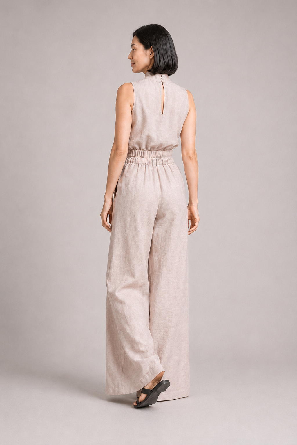 Sleeveless High-Neck Wide-Leg Set in Pink, back view
