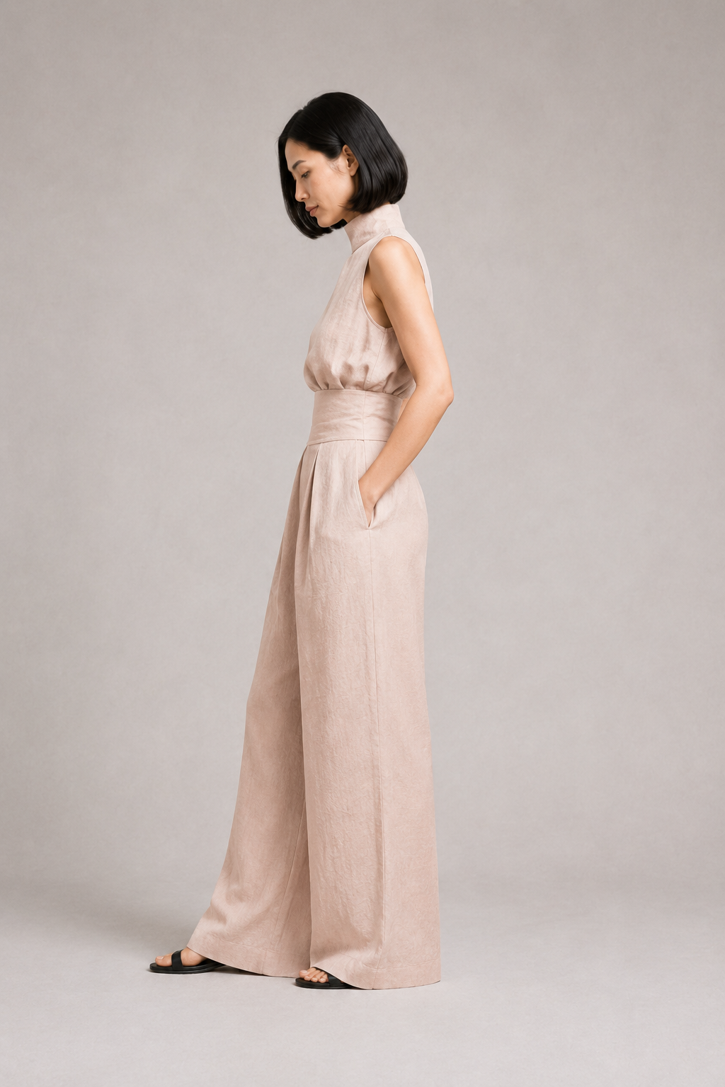 Sleeveless High-Neck Wide-Leg Set in Pink, side view