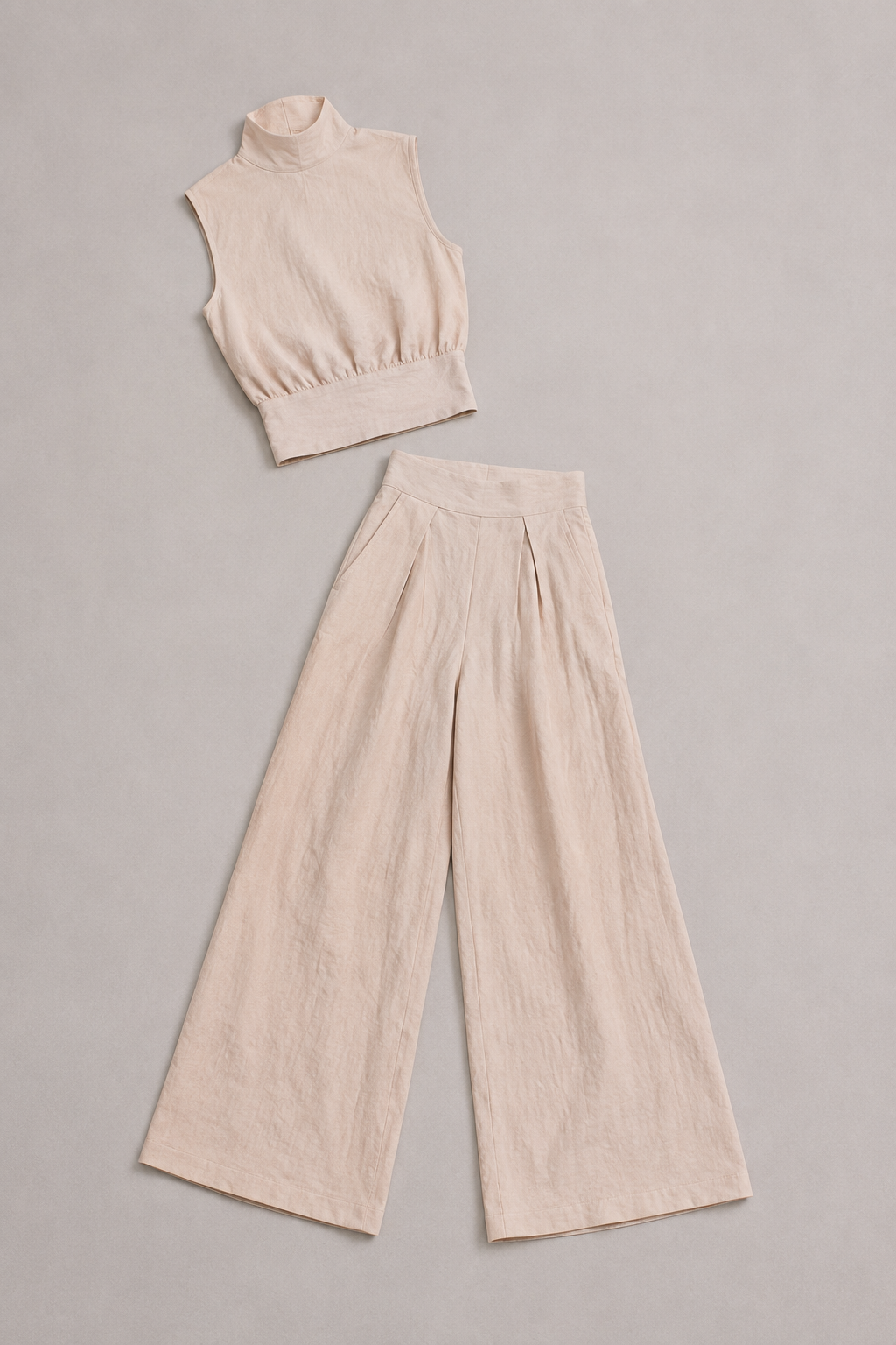 Sleeveless High-Neck Wide-Leg Set in Pink, flat lay
