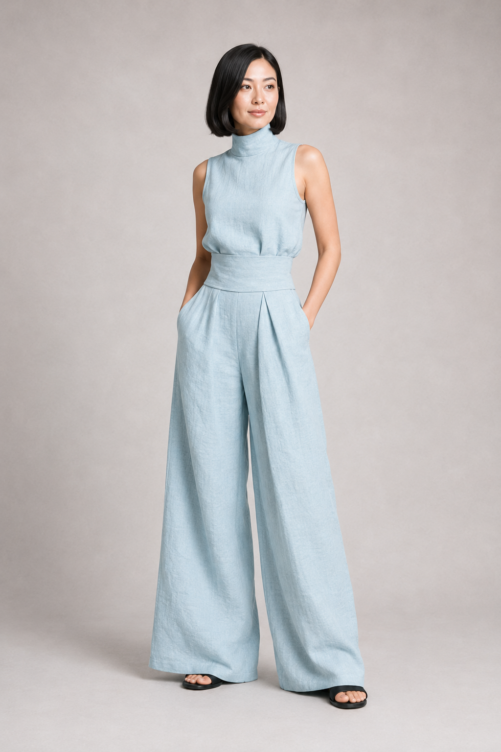 Sleeveless High-Neck Wide-Leg Set in Sky Blue, front three-quarter view