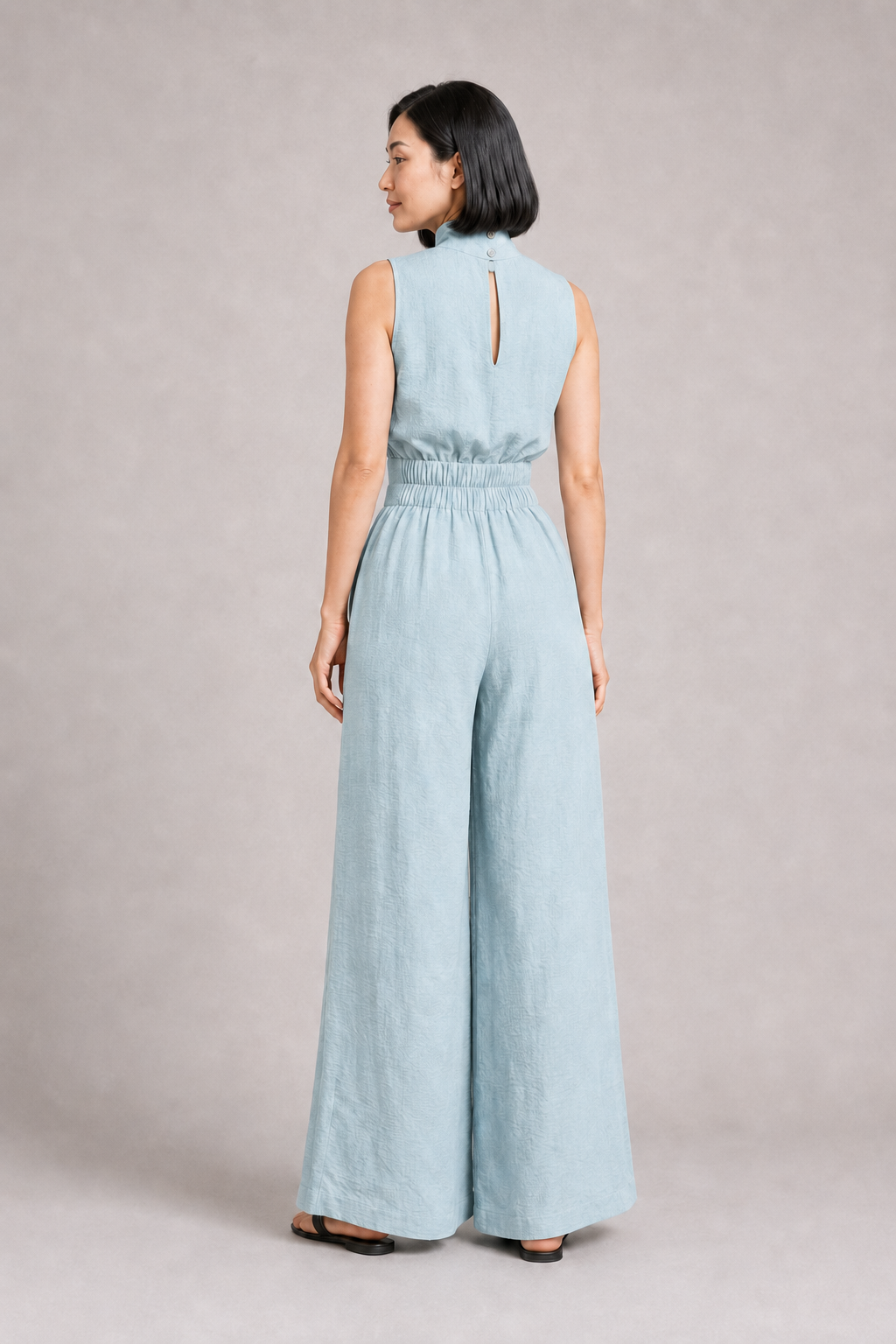 Sleeveless High-Neck Wide-Leg Set in Sky Blue, back view