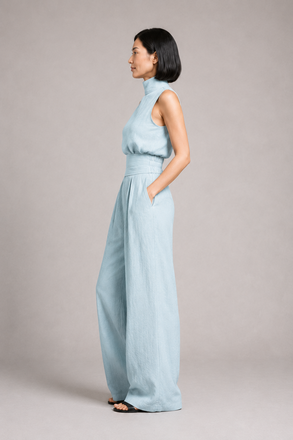 Sleeveless High-Neck Wide-Leg Set in Sky Blue, side view